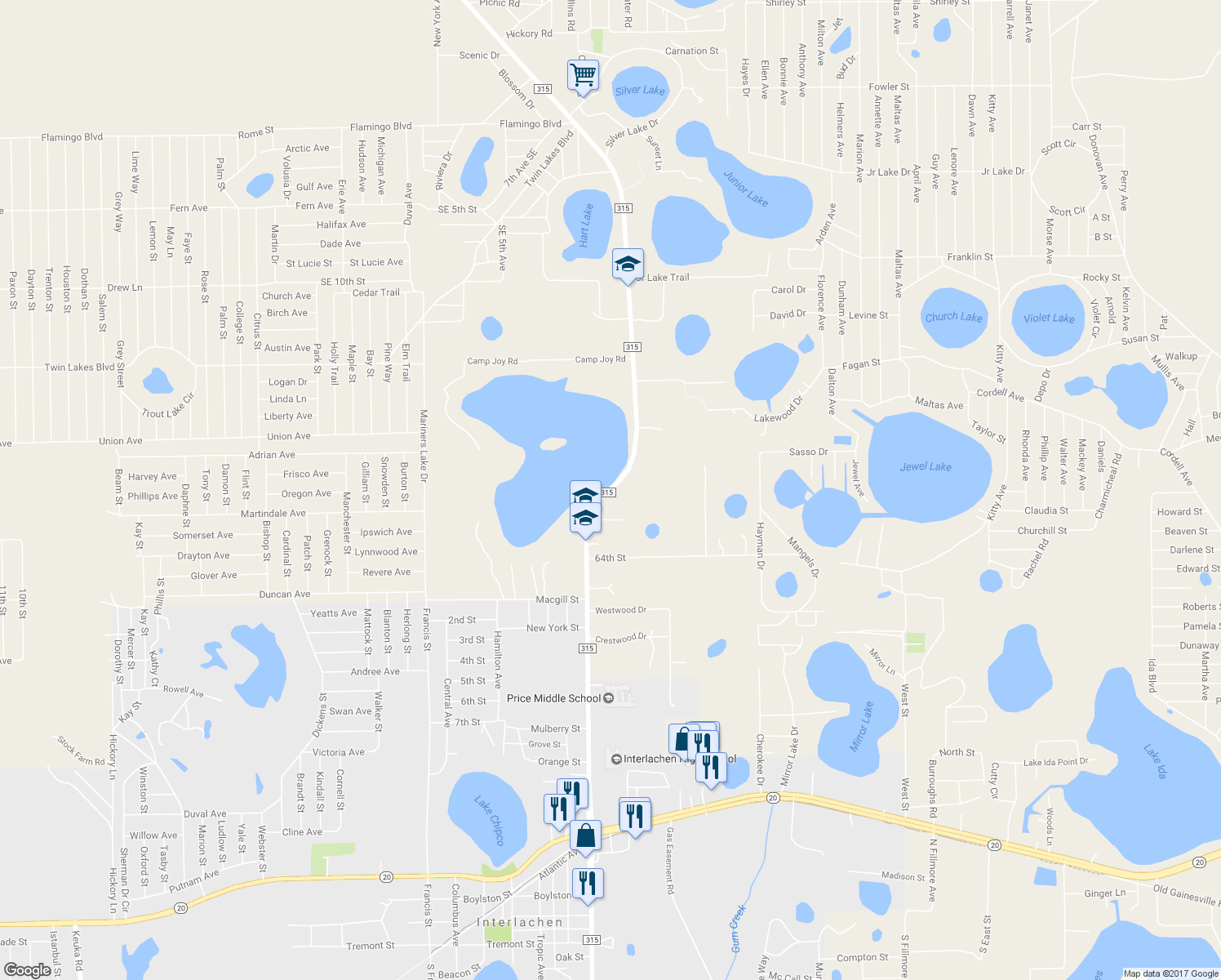 map of restaurants, bars, coffee shops, grocery stores, and more near 231 County Road 315 in Interlachen