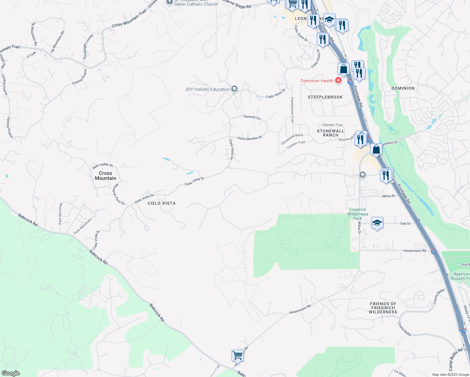 map of restaurants, bars, coffee shops, grocery stores, and more near 8103 Juliet Hill in San Antonio
