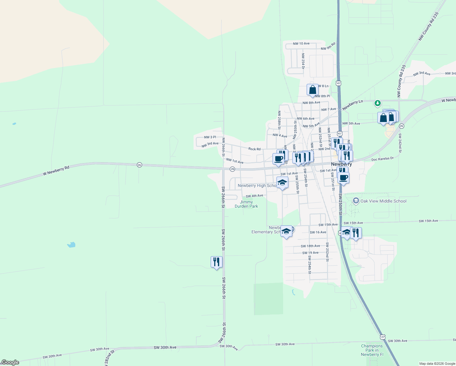 map of restaurants, bars, coffee shops, grocery stores, and more near 160 Southwest 265 Terrace in Newberry