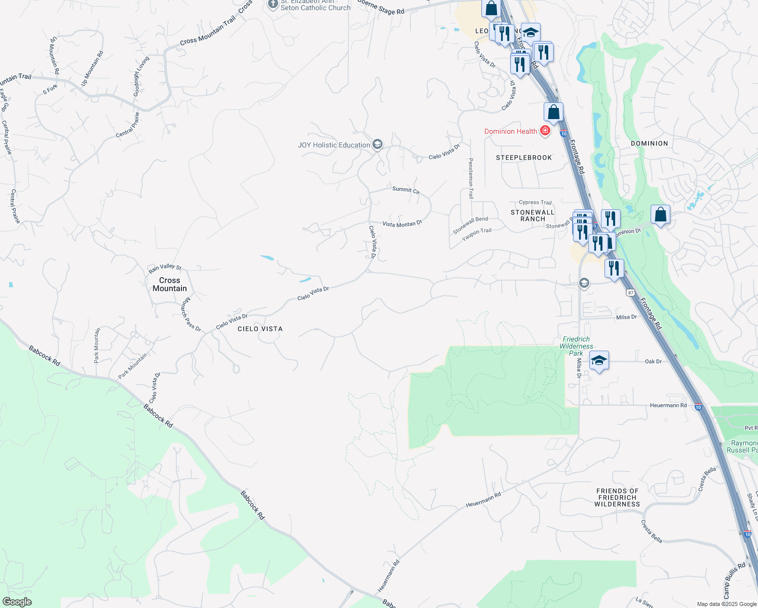 map of restaurants, bars, coffee shops, grocery stores, and more near 8103 Juliet Hill in San Antonio
