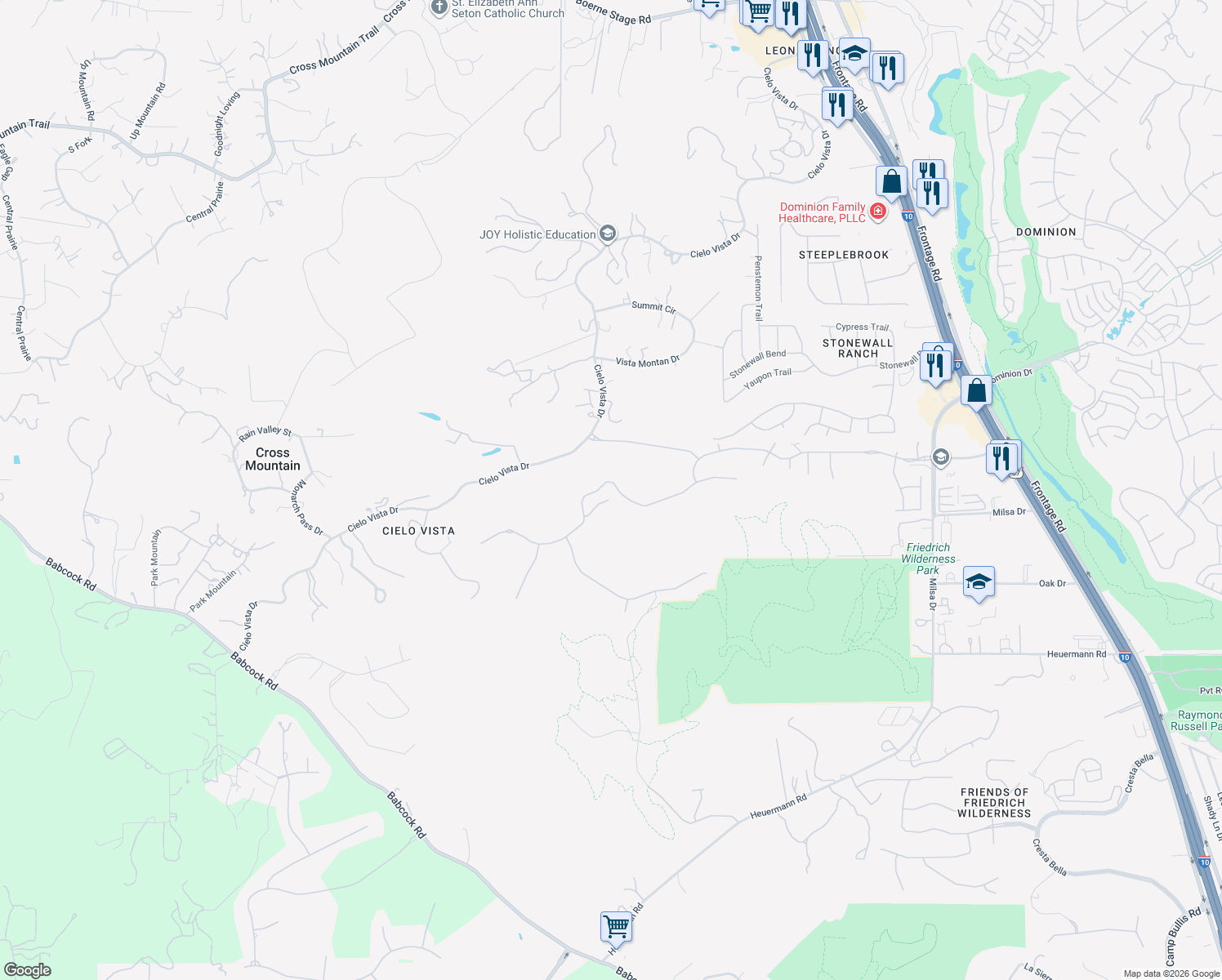 map of restaurants, bars, coffee shops, grocery stores, and more near 8103 Juliet Hill in San Antonio