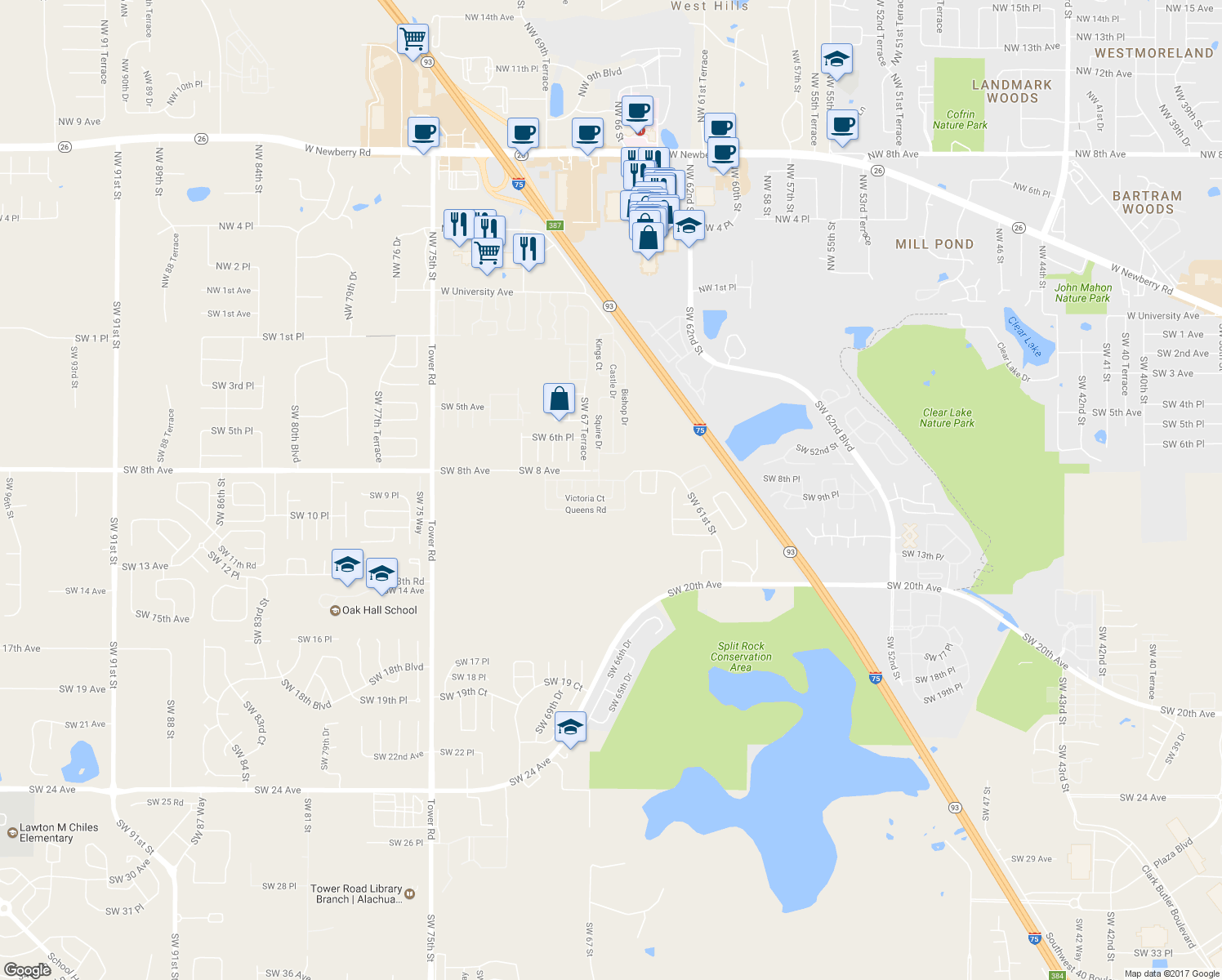 map of restaurants, bars, coffee shops, grocery stores, and more near 808 Victoria Court in Gainesville