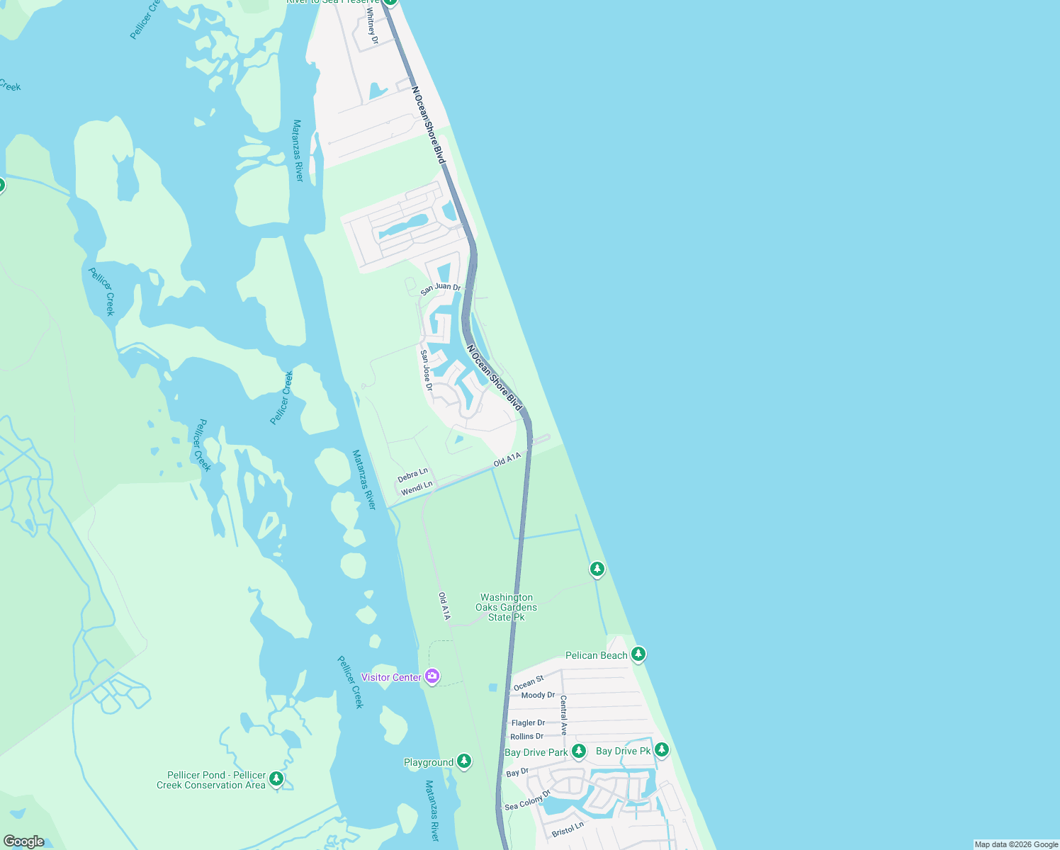 map of restaurants, bars, coffee shops, grocery stores, and more near 6580 North Oceanshore Boulevard in Palm Coast
