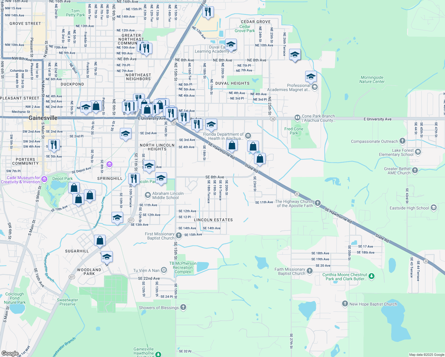 map of restaurants, bars, coffee shops, grocery stores, and more near 801 Southeast 19 Terrace in Gainesville