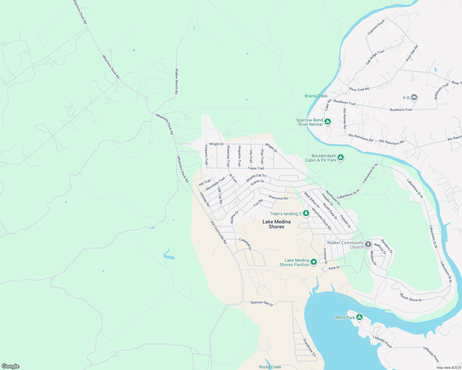 map of restaurants, bars, coffee shops, grocery stores, and more near 323 Ridge Trail in Bandera