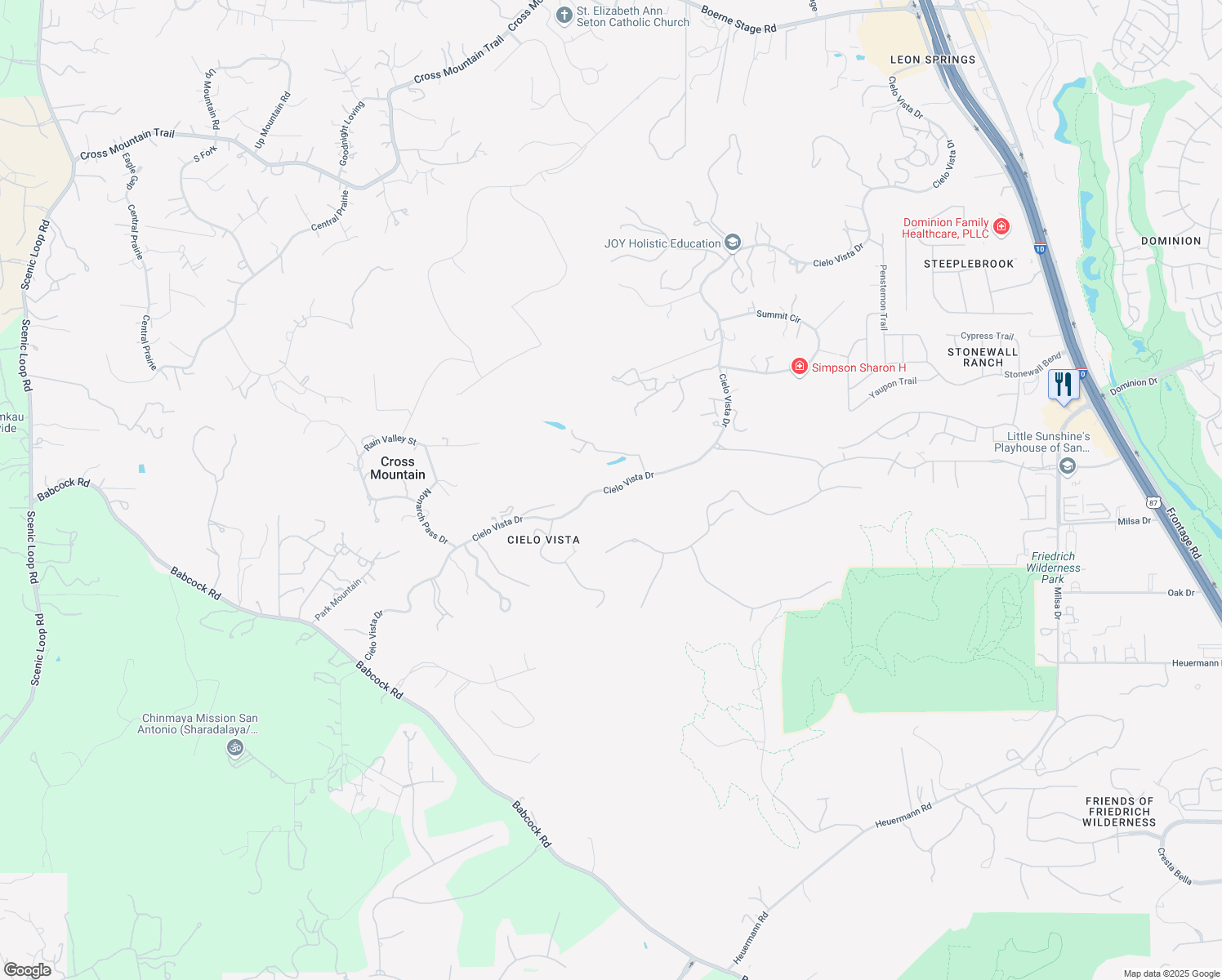 map of restaurants, bars, coffee shops, grocery stores, and more near Cielo Vista Drive in San Antonio