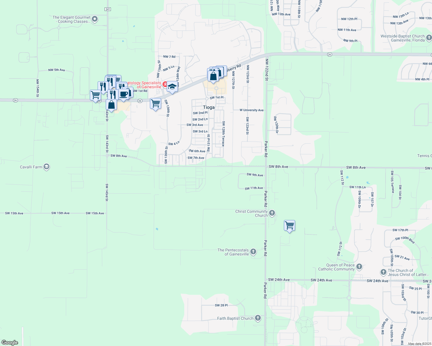 map of restaurants, bars, coffee shops, grocery stores, and more near 918 Southwest 127 Street in Newberry