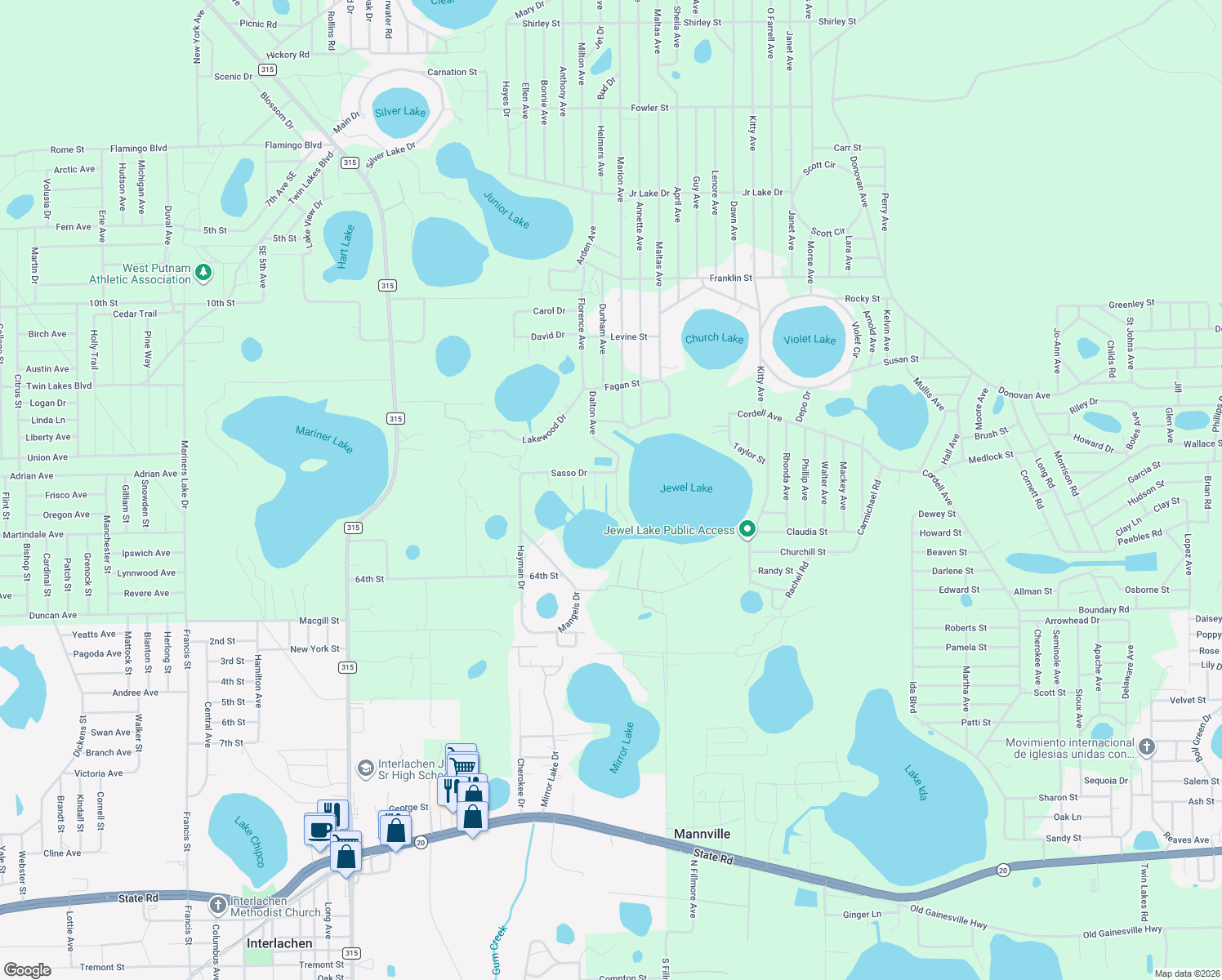 map of restaurants, bars, coffee shops, grocery stores, and more near 157 Jewel Avenue in Interlachen