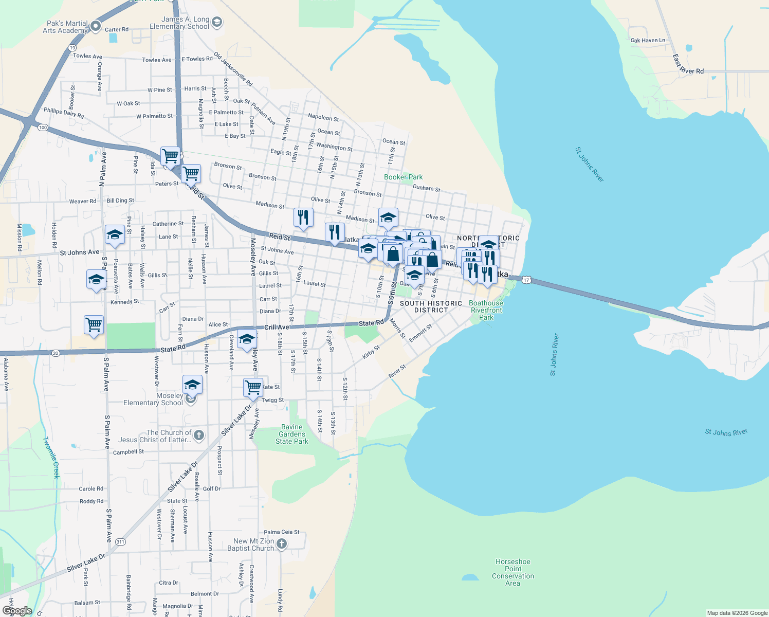 map of restaurants, bars, coffee shops, grocery stores, and more near 913 Carr Street in Palatka