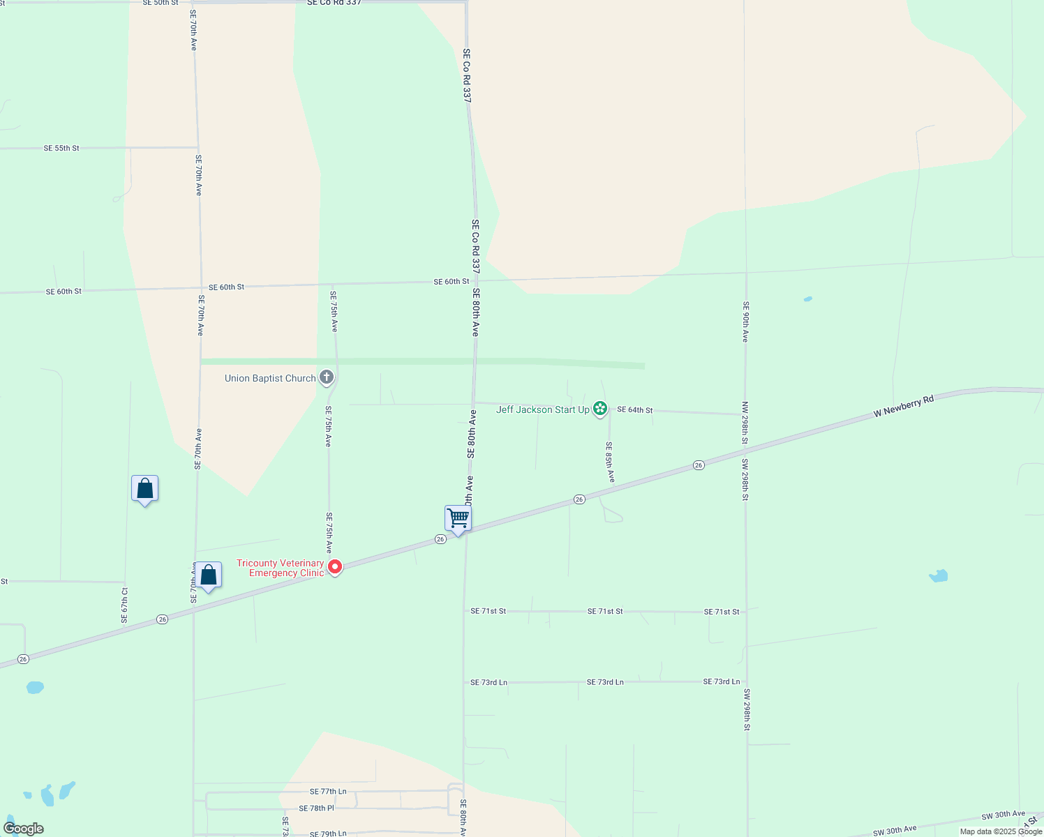 map of restaurants, bars, coffee shops, grocery stores, and more near 6409 Southeast 82nd Avenue in Newberry