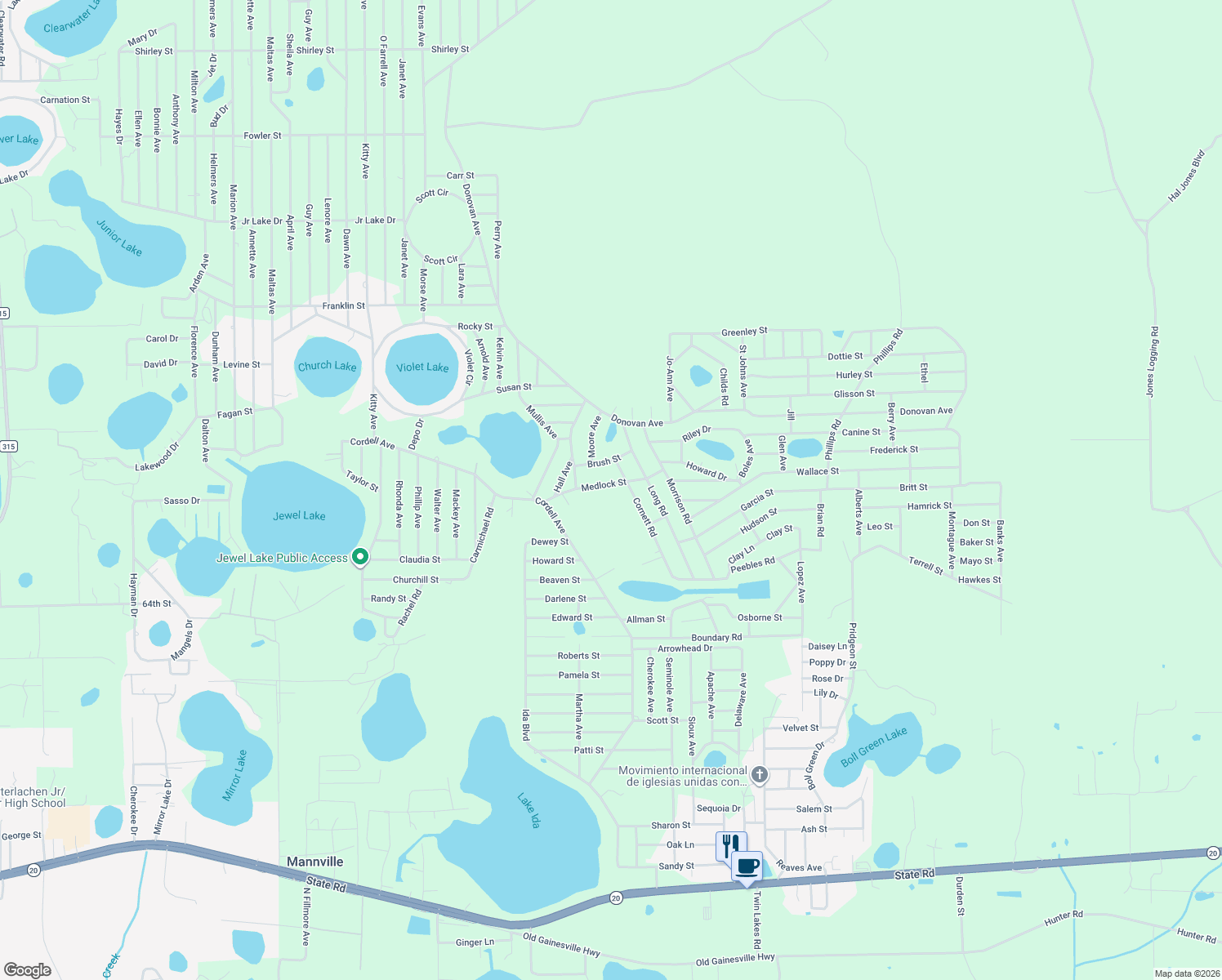map of restaurants, bars, coffee shops, grocery stores, and more near 219 Medlock Street in Interlachen