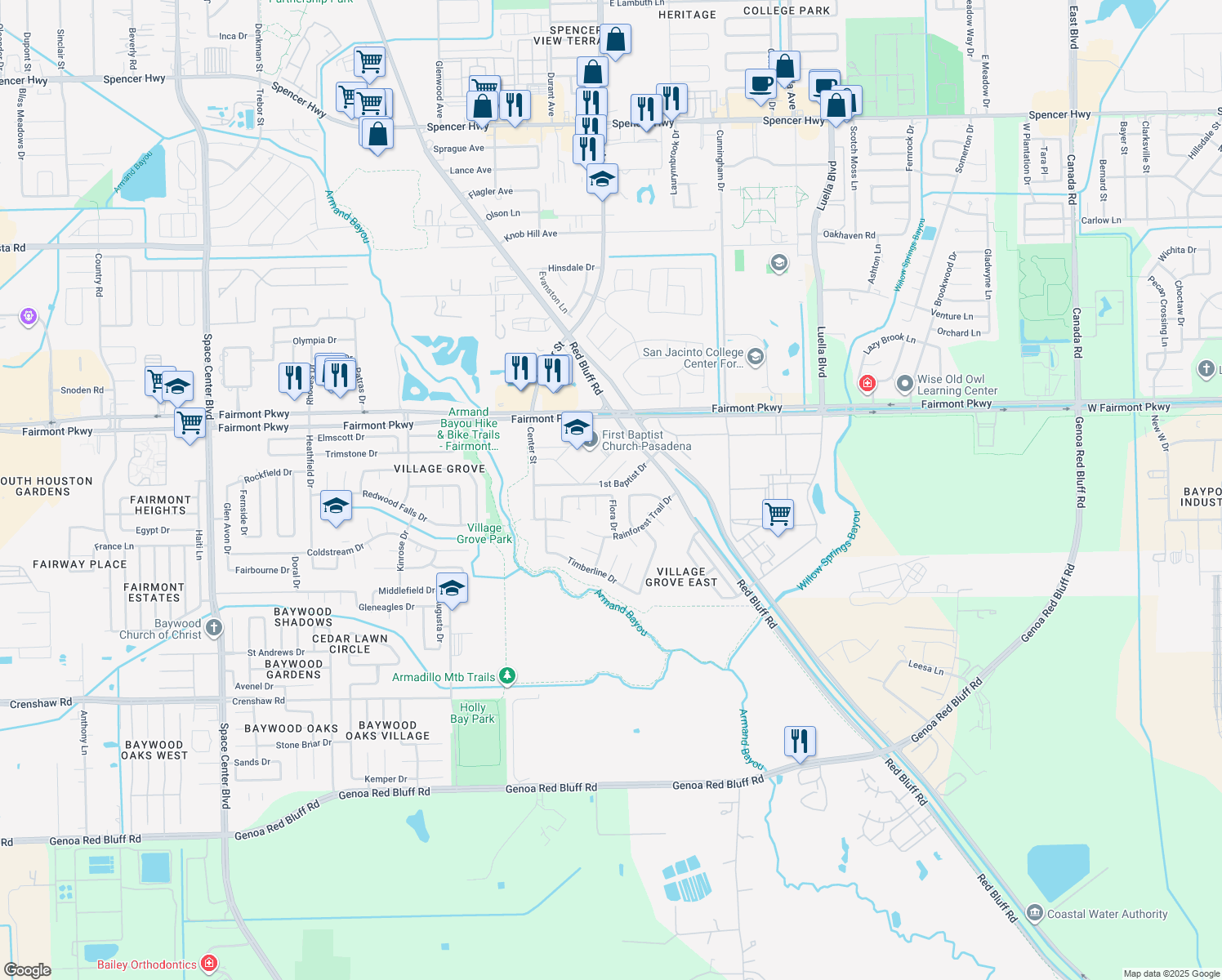 map of restaurants, bars, coffee shops, grocery stores, and more near 7527 Tranquil River Drive in Pasadena