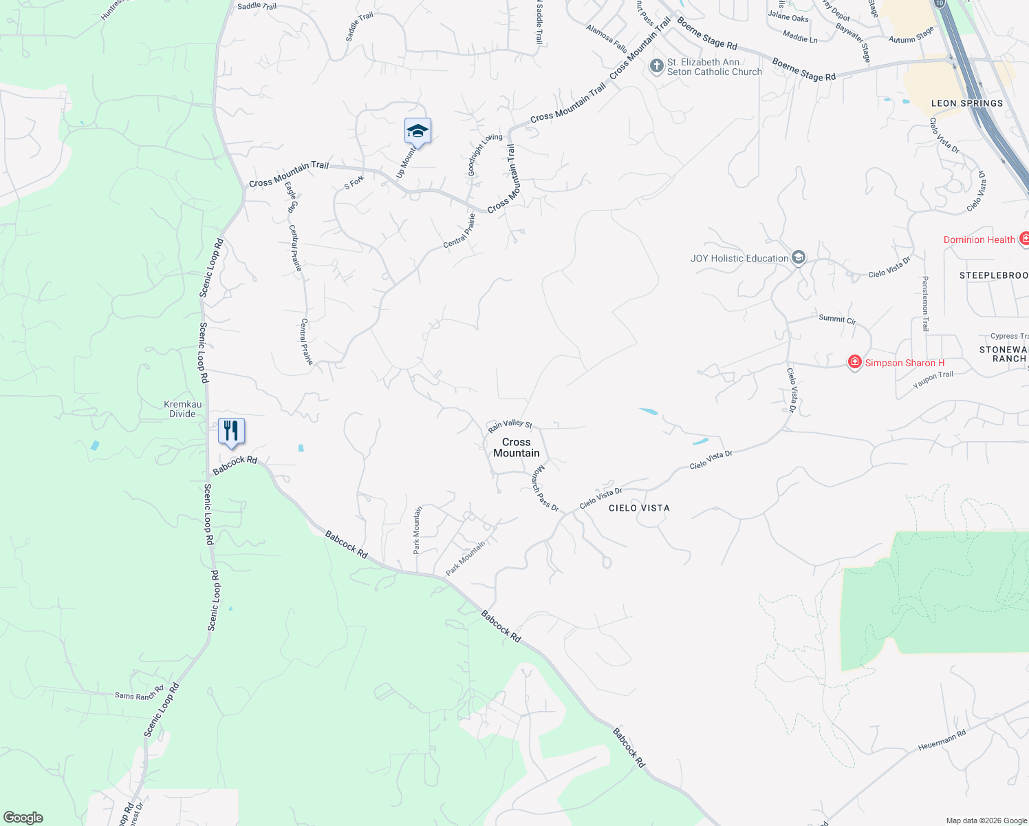 map of restaurants, bars, coffee shops, grocery stores, and more near 8803 Rain Valley Street in San Antonio