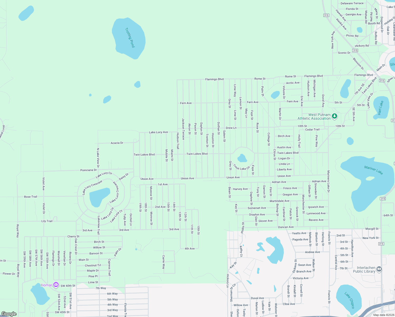 map of restaurants, bars, coffee shops, grocery stores, and more near 144 Paxon Street in Interlachen