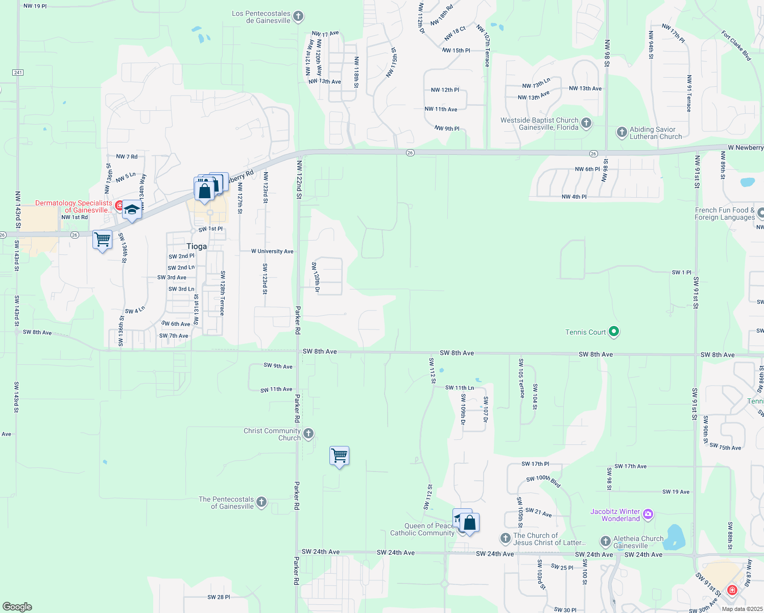 map of restaurants, bars, coffee shops, grocery stores, and more near 404 Southwest 117 Street in Gainesville