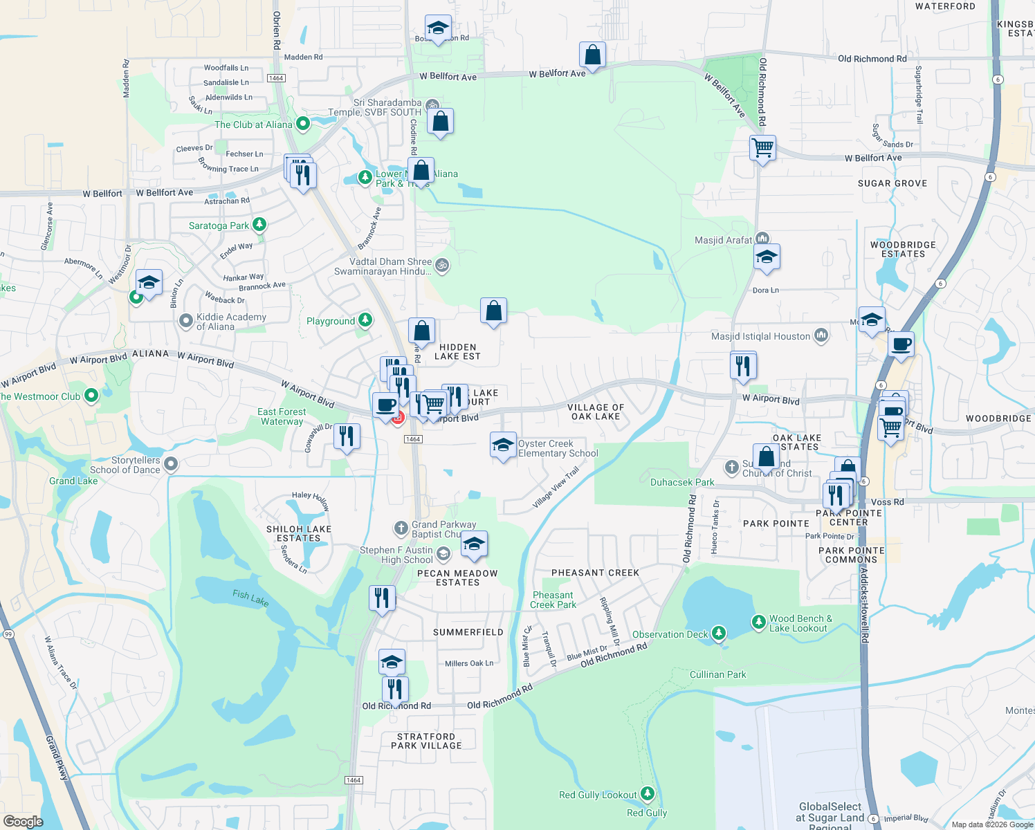 map of restaurants, bars, coffee shops, grocery stores, and more near 16402 Maple Downs Lane in Sugar Land