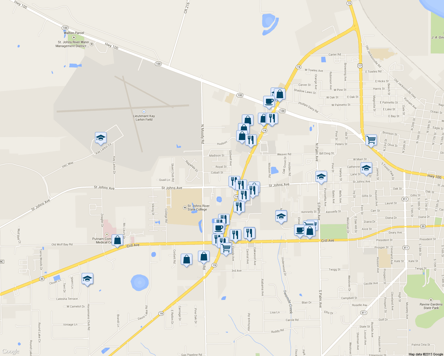 map of restaurants, bars, coffee shops, grocery stores, and more near 3305 Cobalt Street in Palatka