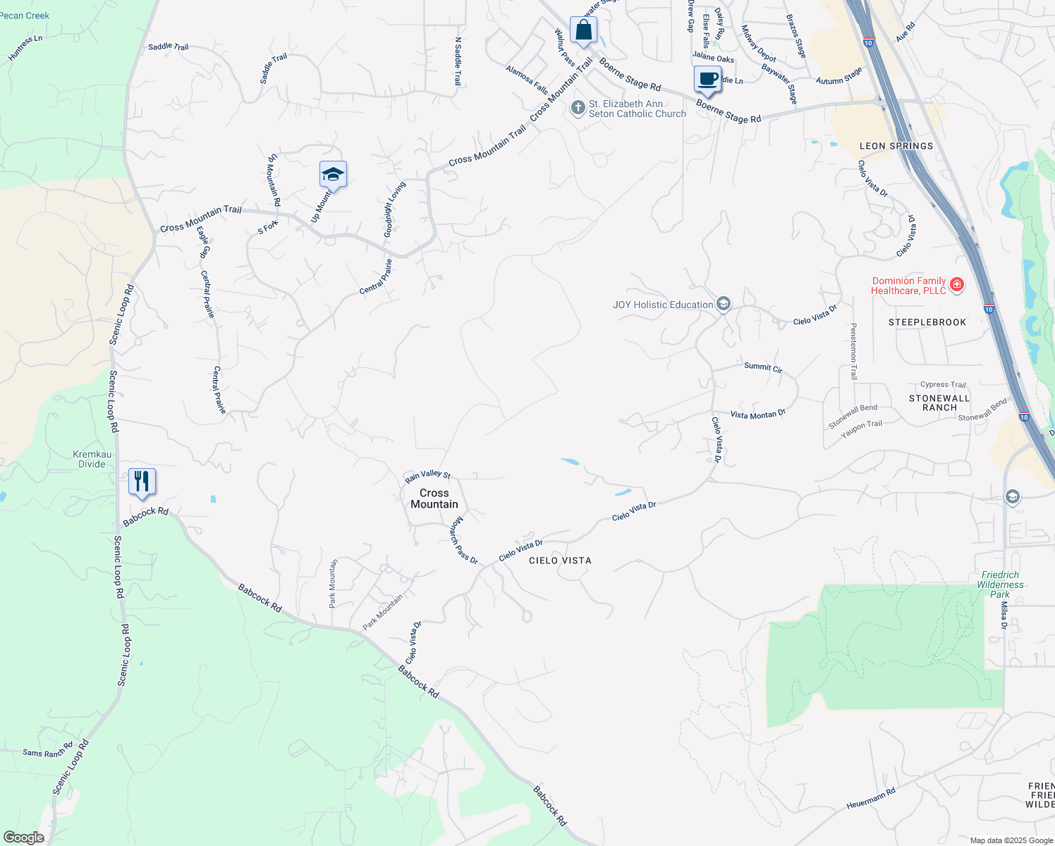 map of restaurants, bars, coffee shops, grocery stores, and more near White Doe Pass in San Antonio