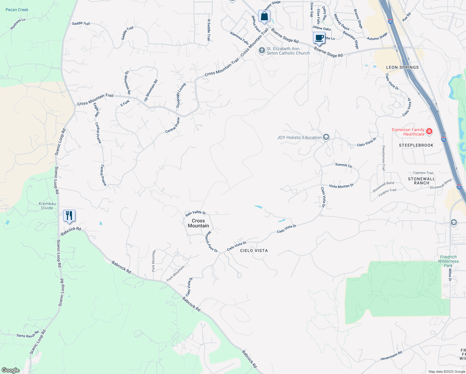 map of restaurants, bars, coffee shops, grocery stores, and more near White Doe Pass in San Antonio