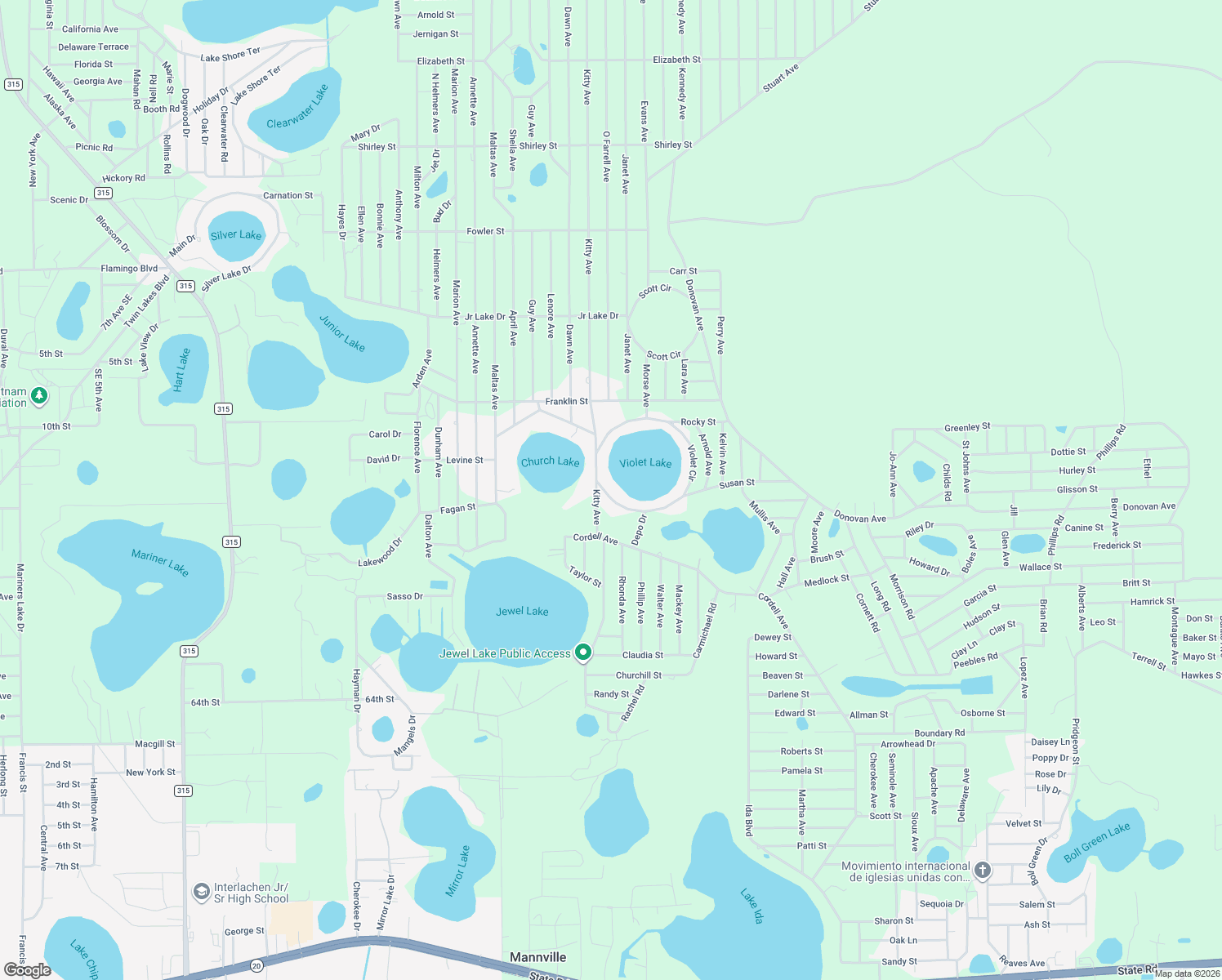 map of restaurants, bars, coffee shops, grocery stores, and more near 192 Violet Circle in Interlachen