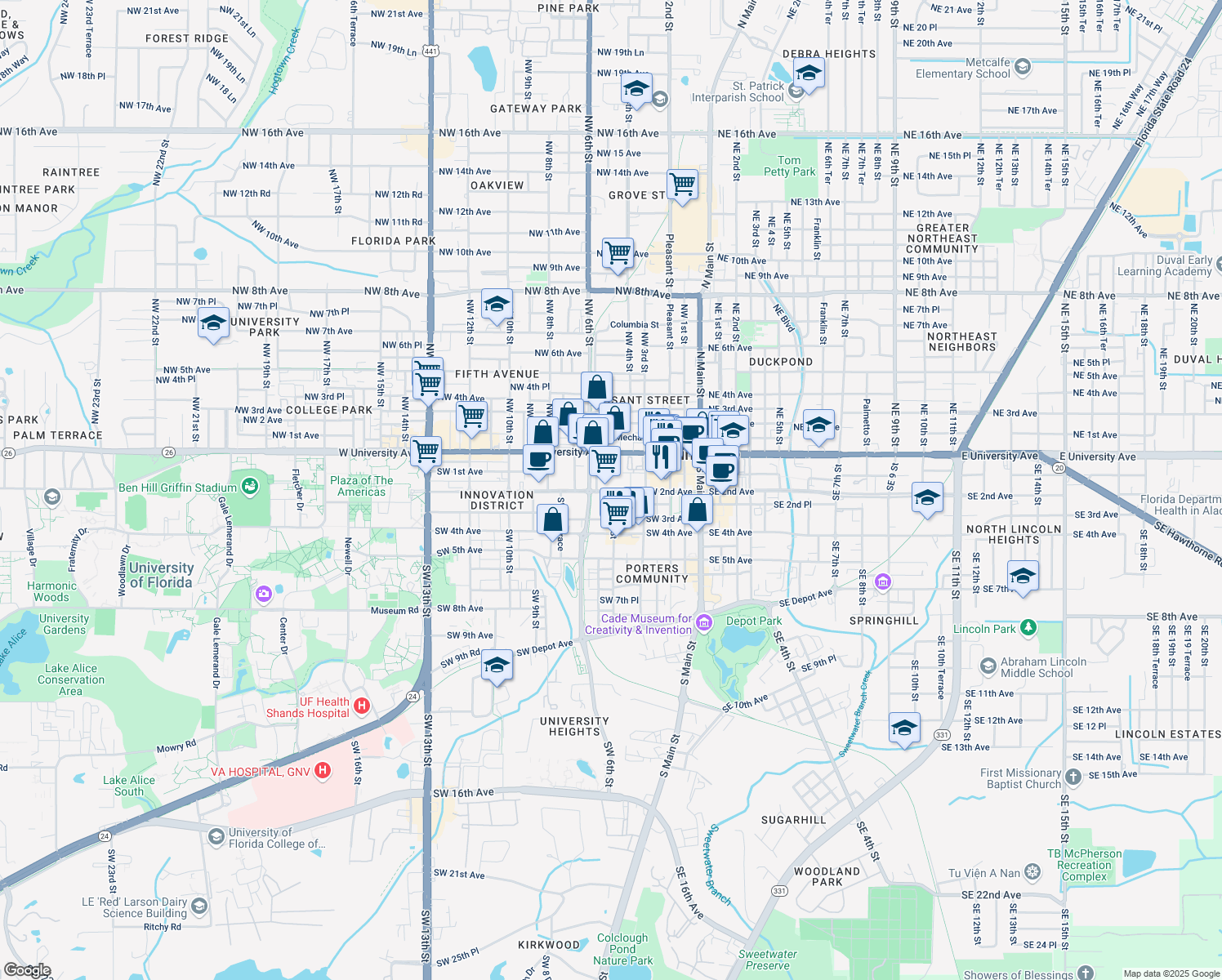 map of restaurants, bars, coffee shops, grocery stores, and more near 400 Southwest 2nd Avenue in Gainesville