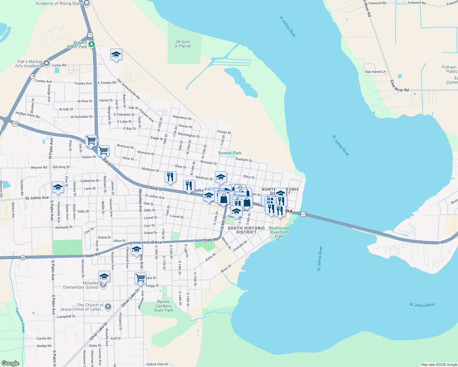 map of restaurants, bars, coffee shops, grocery stores, and more near 318 North 9th Street in Palatka