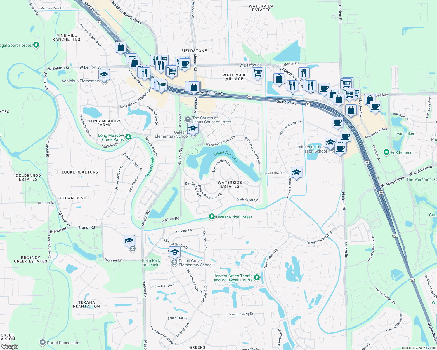 map of restaurants, bars, coffee shops, grocery stores, and more near 4003 Lake Brazos Lane in Richmond
