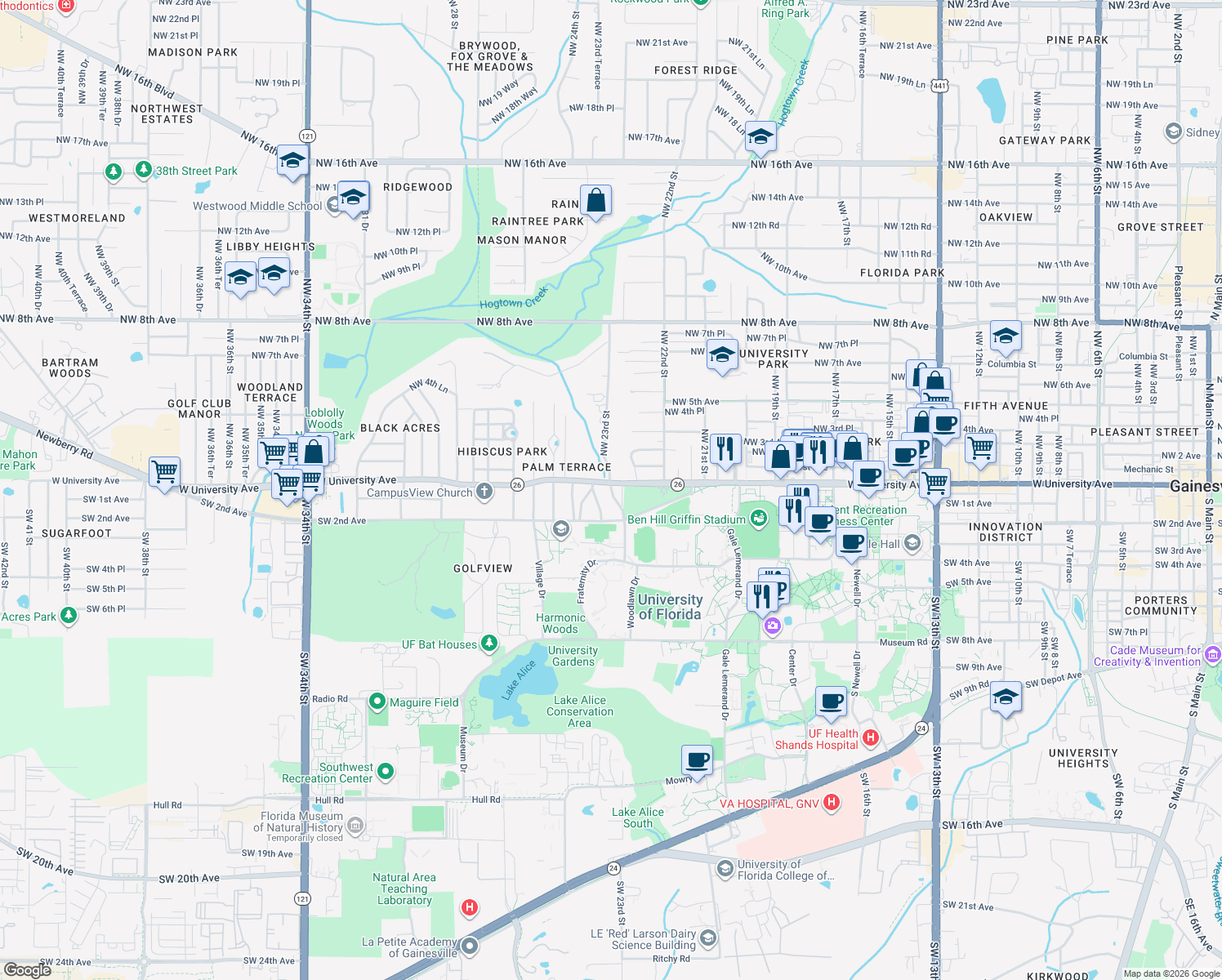 map of restaurants, bars, coffee shops, grocery stores, and more near 12 Southwest 23rd Terrace in Gainesville