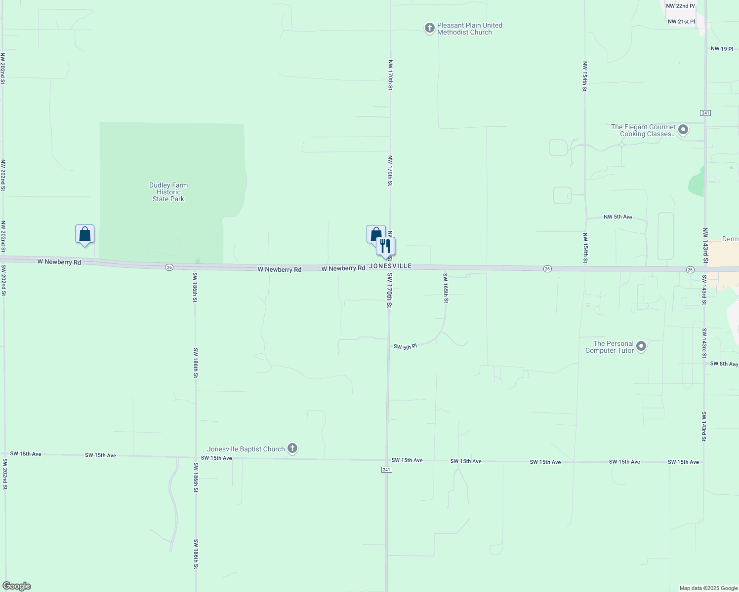 map of restaurants, bars, coffee shops, grocery stores, and more near 208 Southwest 170th Street in Newberry