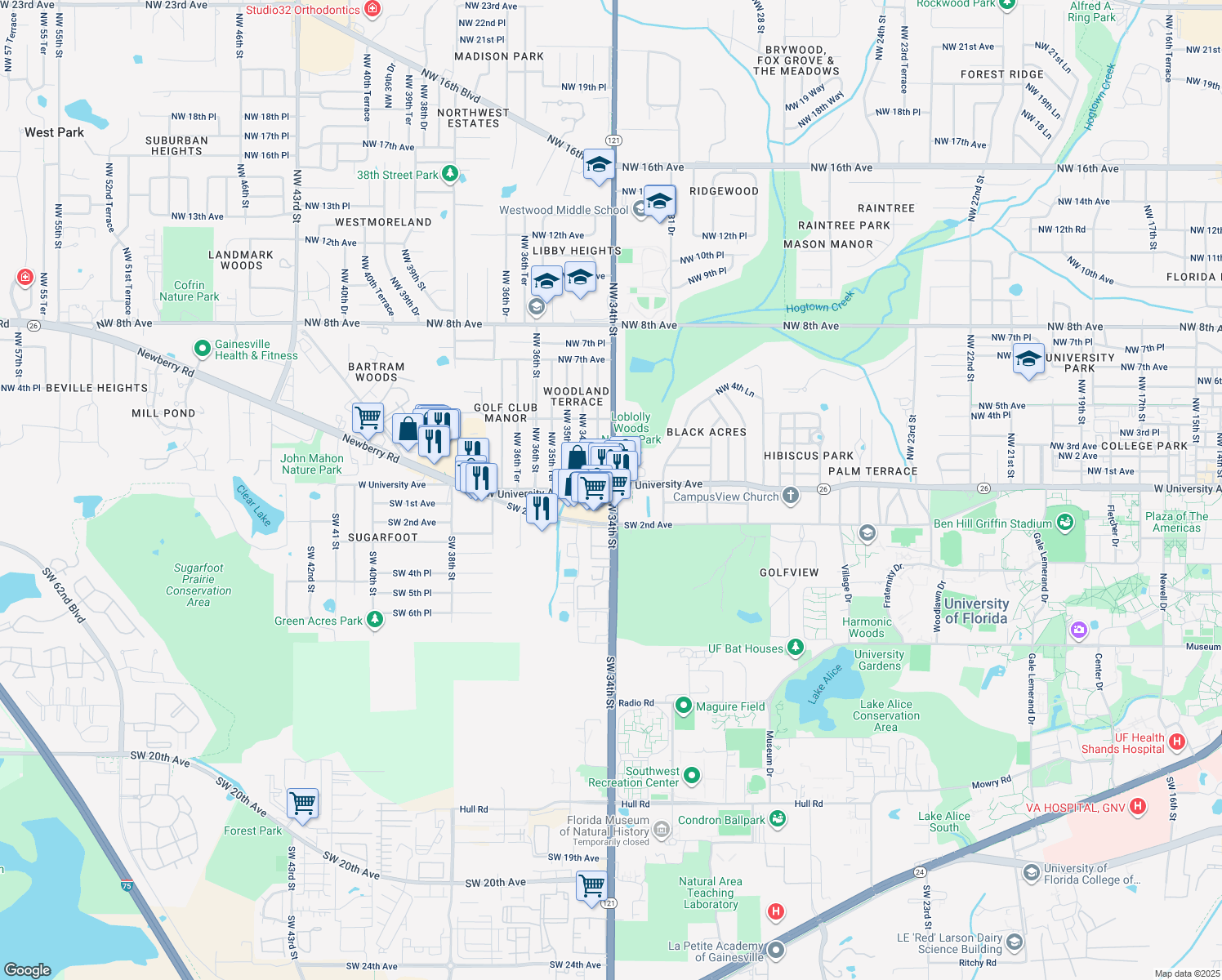 map of restaurants, bars, coffee shops, grocery stores, and more near 2 Southwest 34th Street in Gainesville