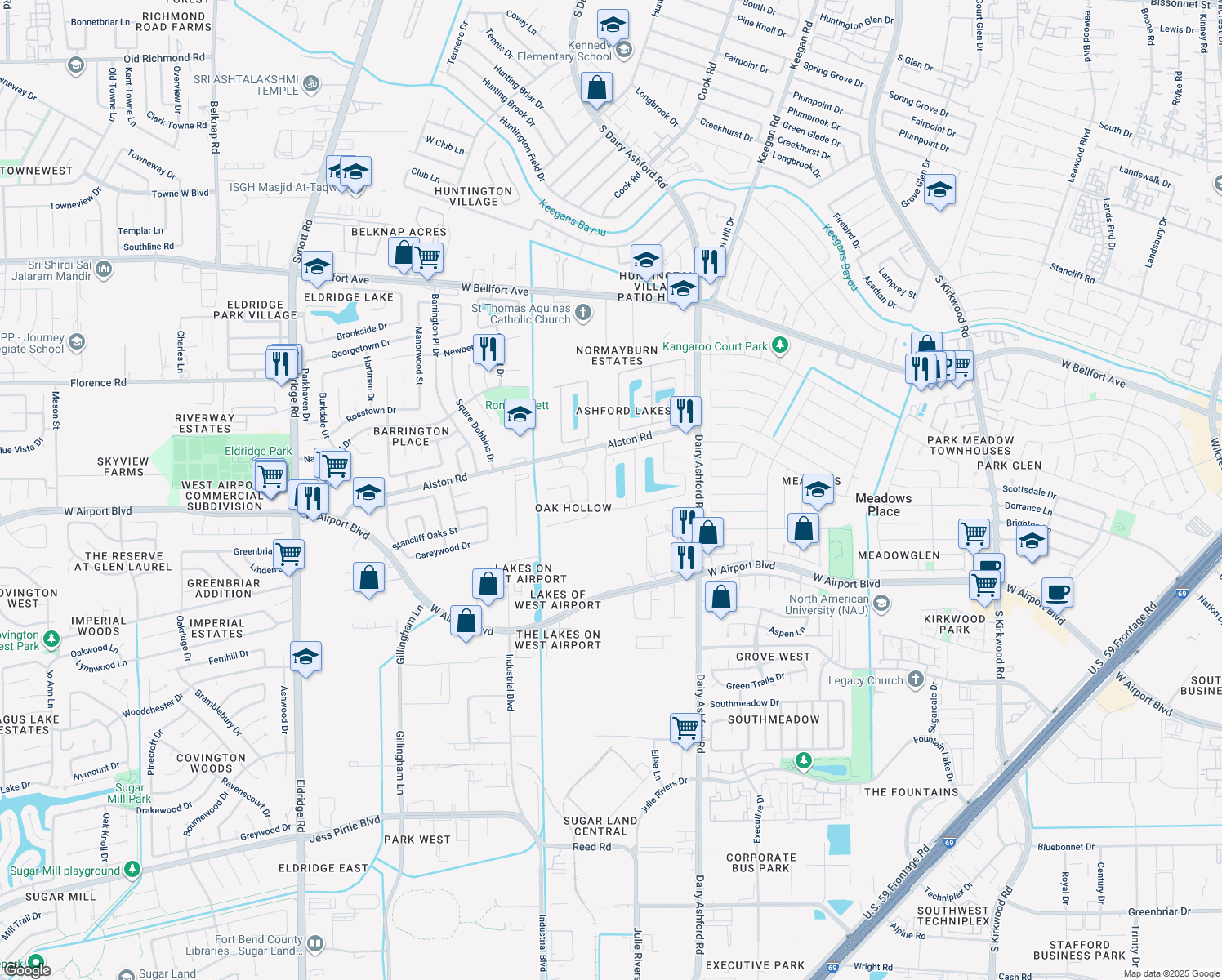 map of restaurants, bars, coffee shops, grocery stores, and more near 11447 Ashford Haven Drive in Sugar Land