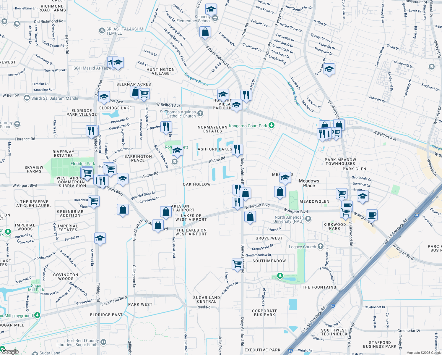 map of restaurants, bars, coffee shops, grocery stores, and more near 11443 Ashford Willow in Sugar Land