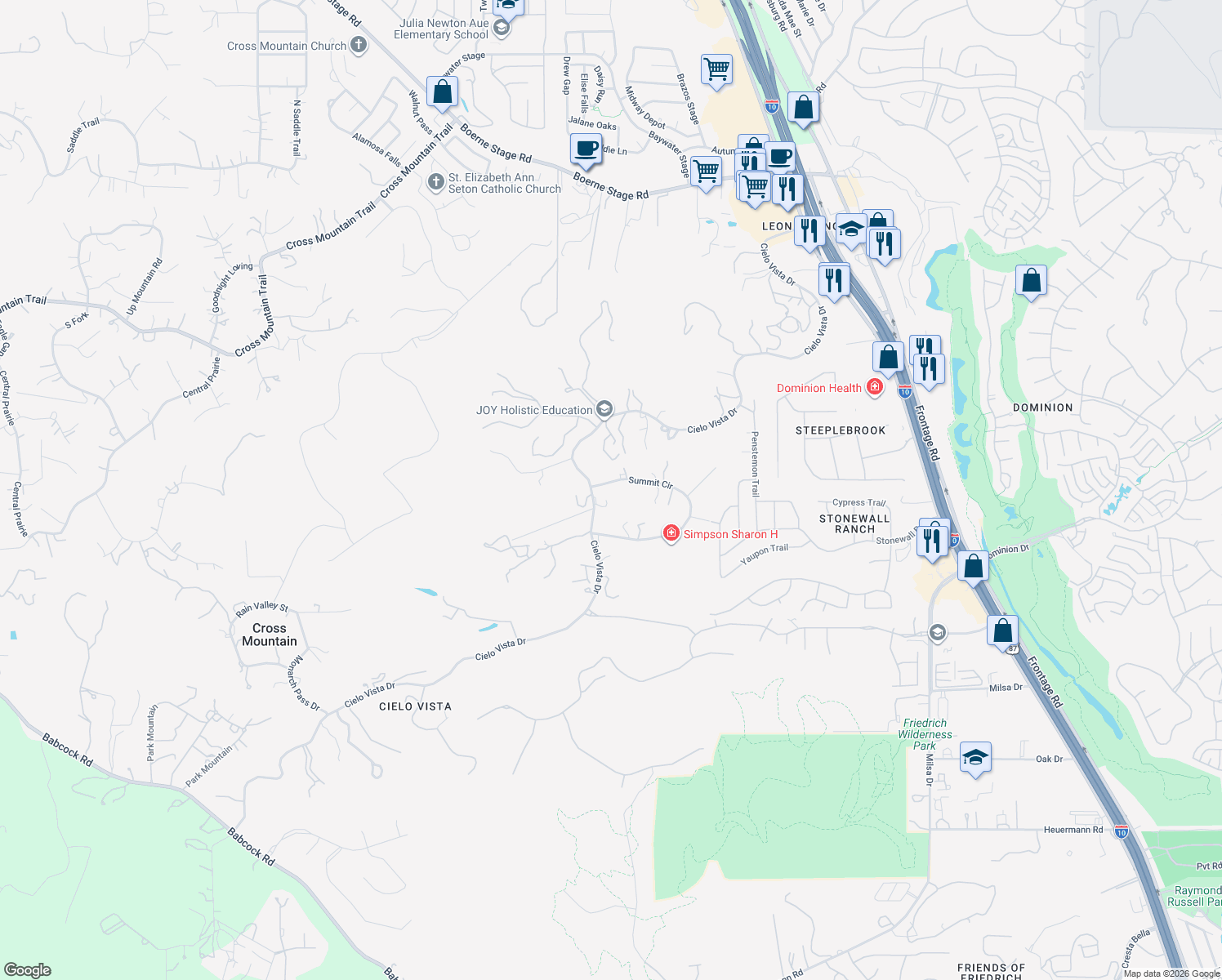 map of restaurants, bars, coffee shops, grocery stores, and more near 22510 Cielo Vista Drive in San Antonio