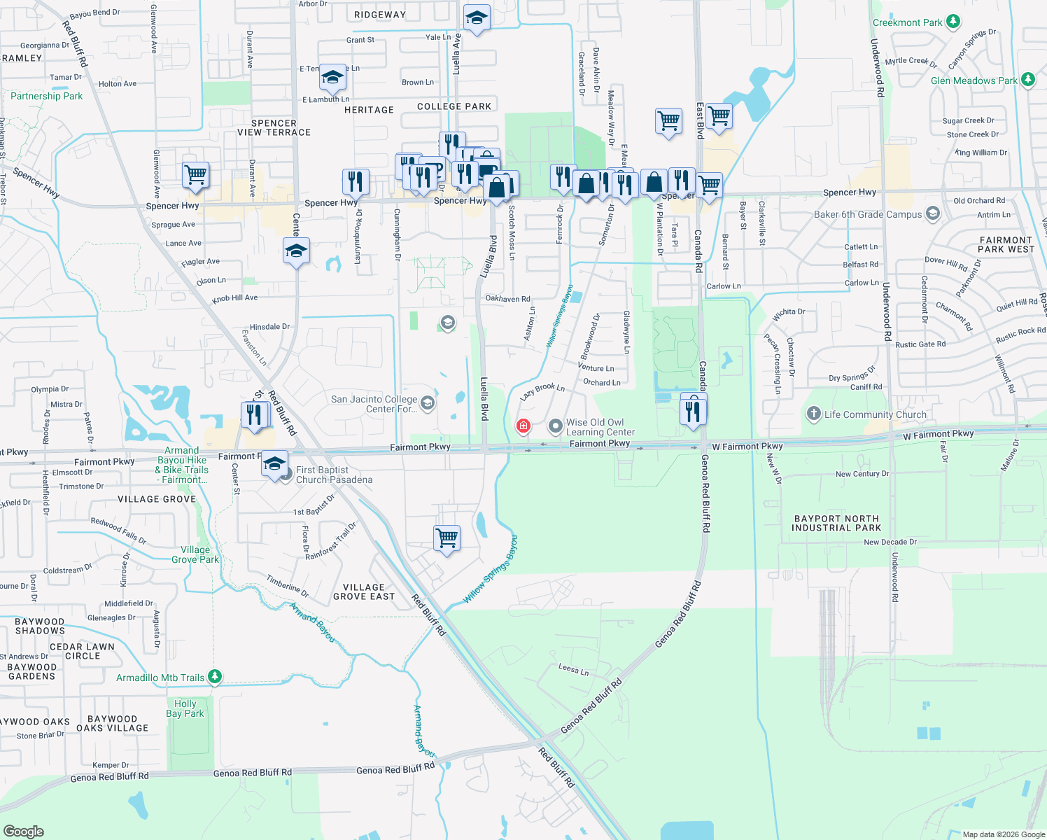 map of restaurants, bars, coffee shops, grocery stores, and more near 8411 Fairbrook Lane in La Porte