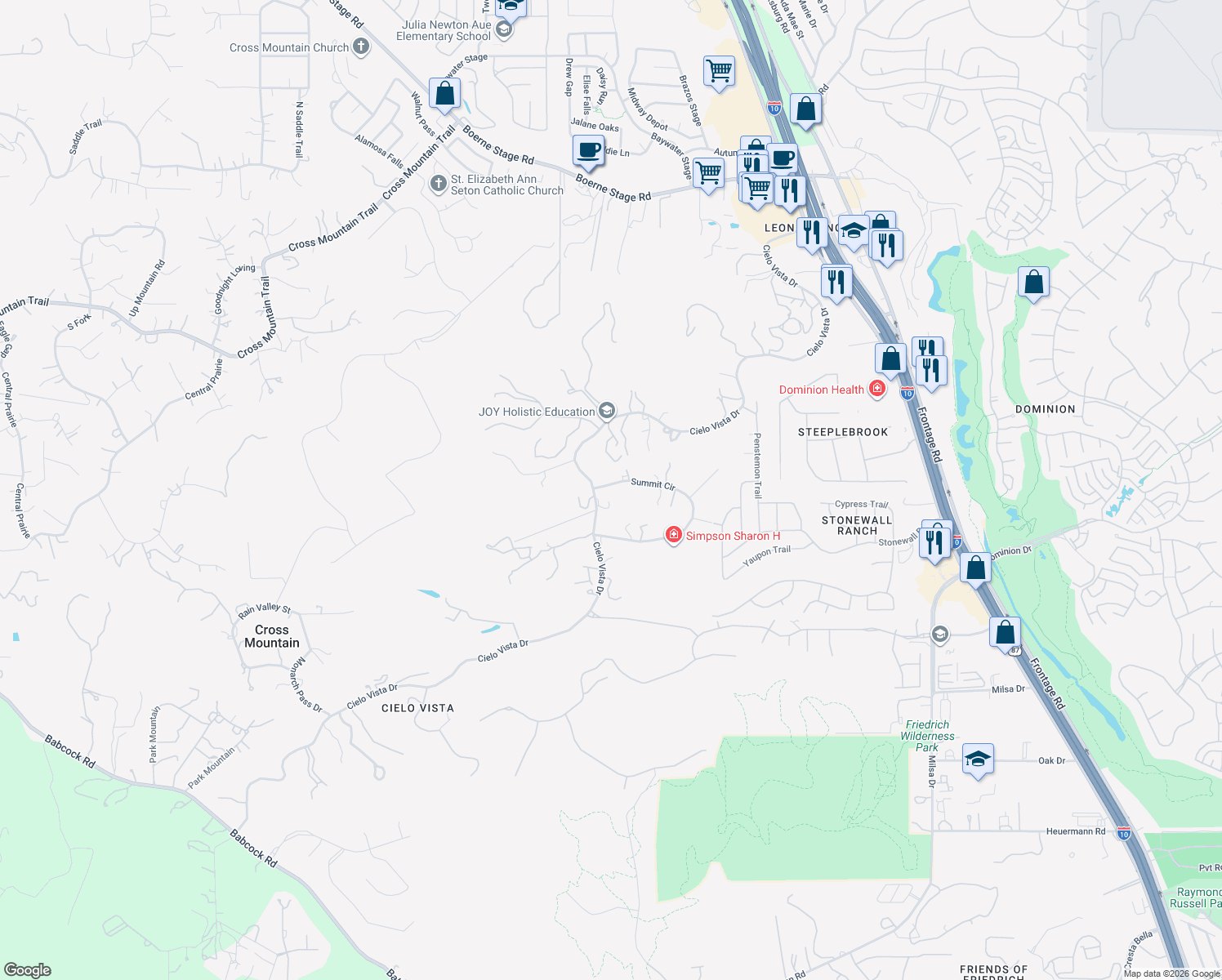 map of restaurants, bars, coffee shops, grocery stores, and more near 22510 Cielo Vista Drive in San Antonio