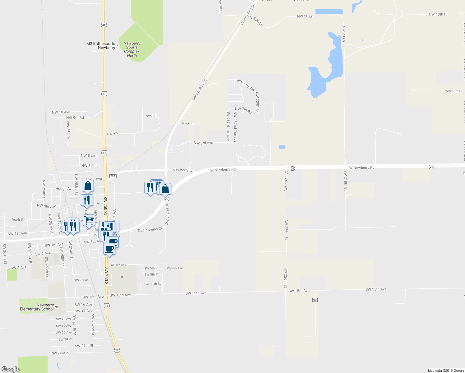 map of restaurants, bars, coffee shops, grocery stores, and more near 23227 West Newberry Road in Newberry