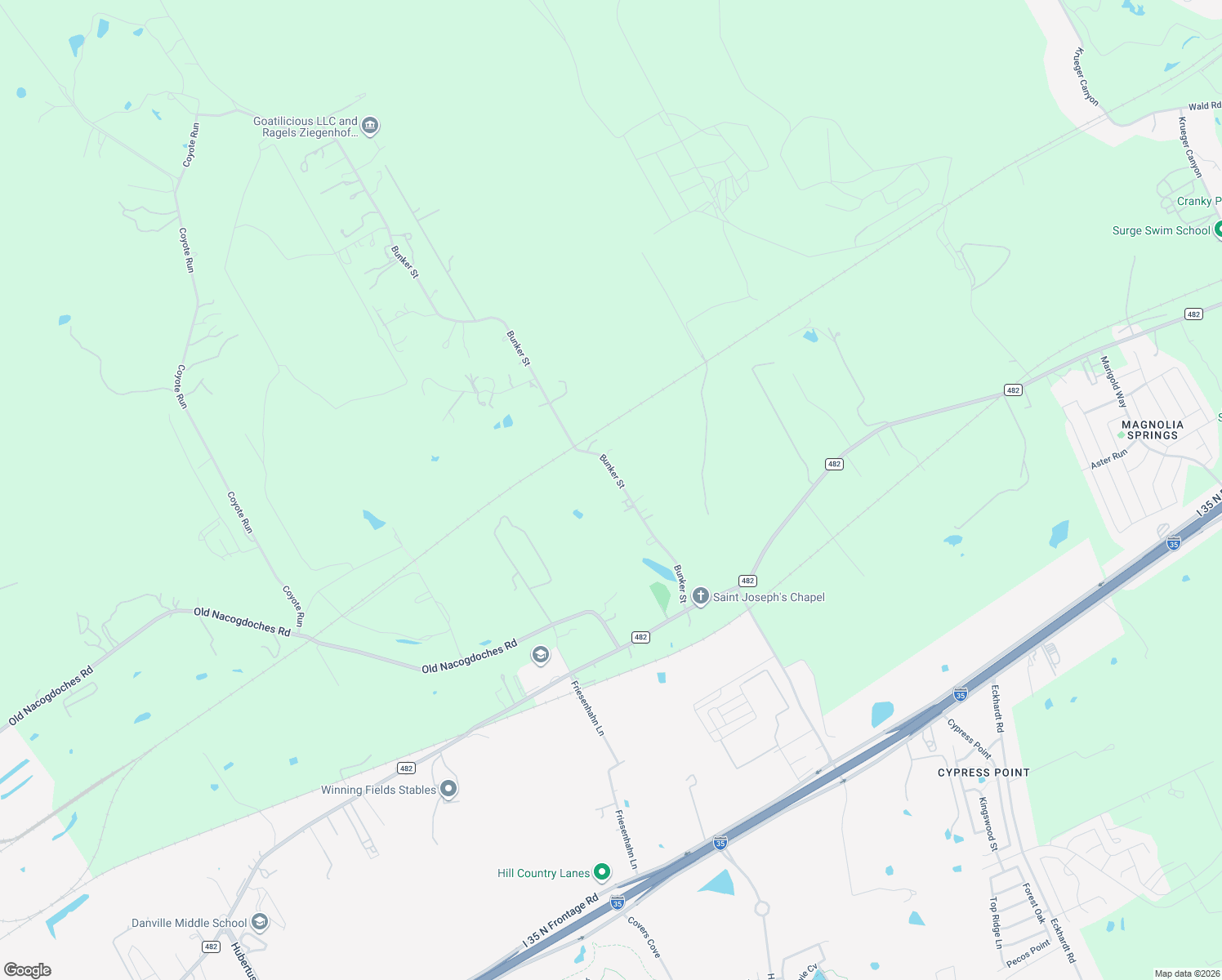 map of restaurants, bars, coffee shops, grocery stores, and more near 1447 Bunker Street in New Braunfels