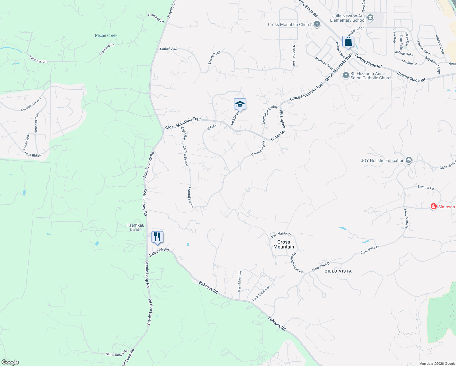 map of restaurants, bars, coffee shops, grocery stores, and more near 22809 Central Prairie in San Antonio