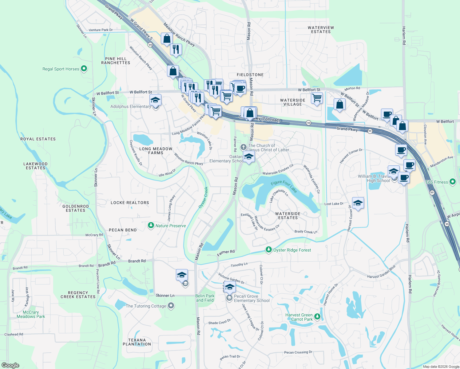 map of restaurants, bars, coffee shops, grocery stores, and more near 20510 Delta Lake Drive in Richmond