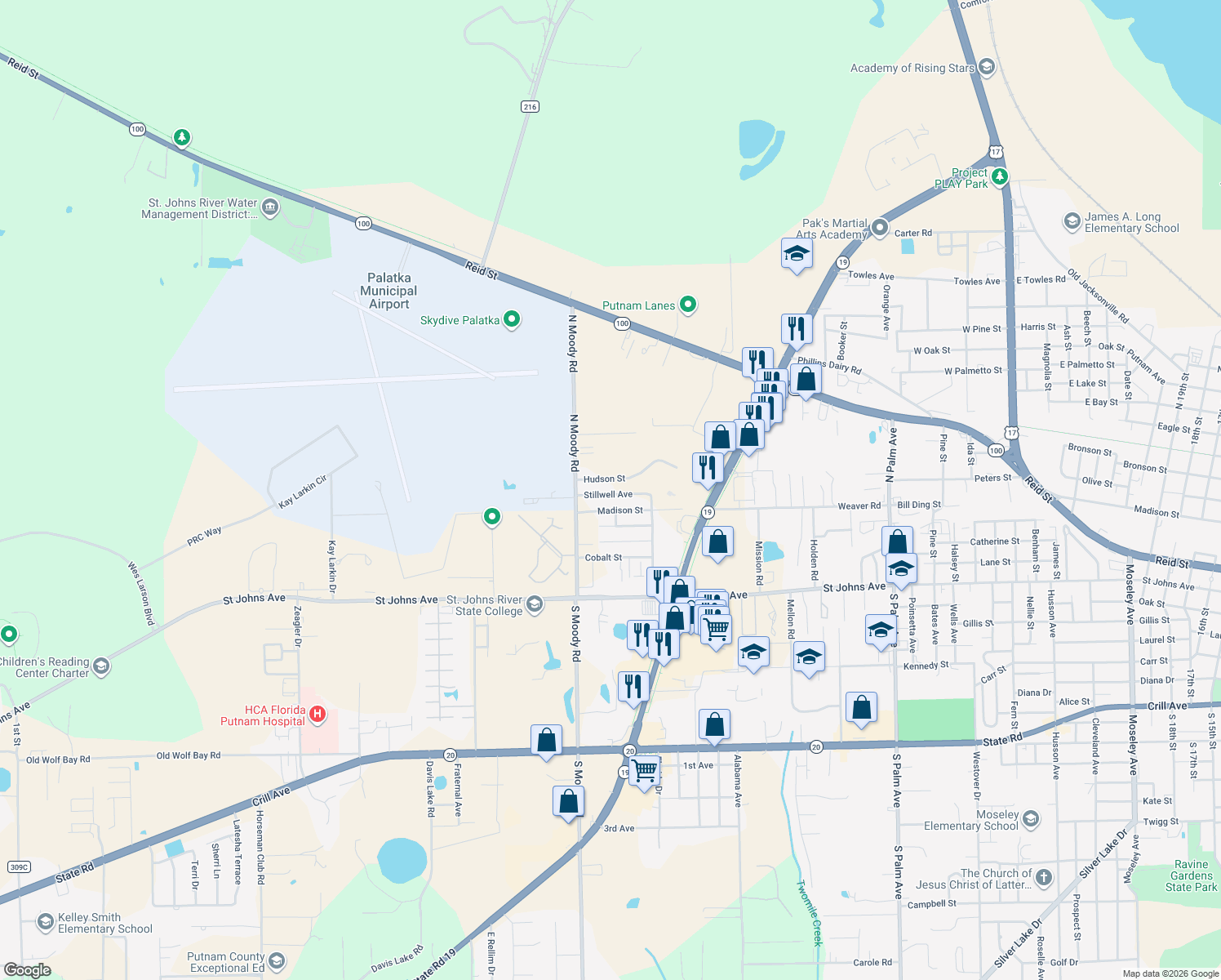 map of restaurants, bars, coffee shops, grocery stores, and more near 300 Stillwell Avenue in Palatka