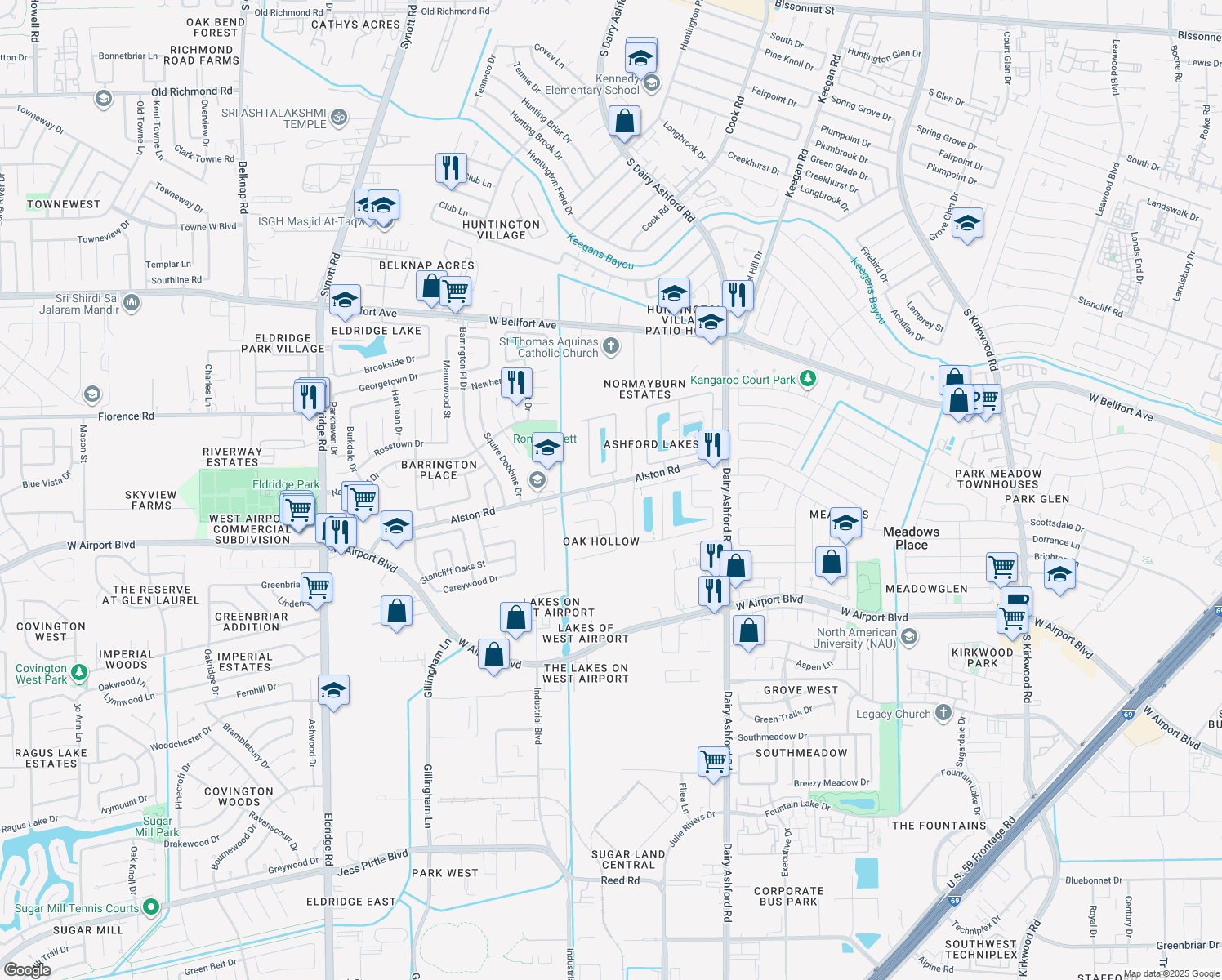 map of restaurants, bars, coffee shops, grocery stores, and more near 2019 Calico Hill Lane in Sugar Land