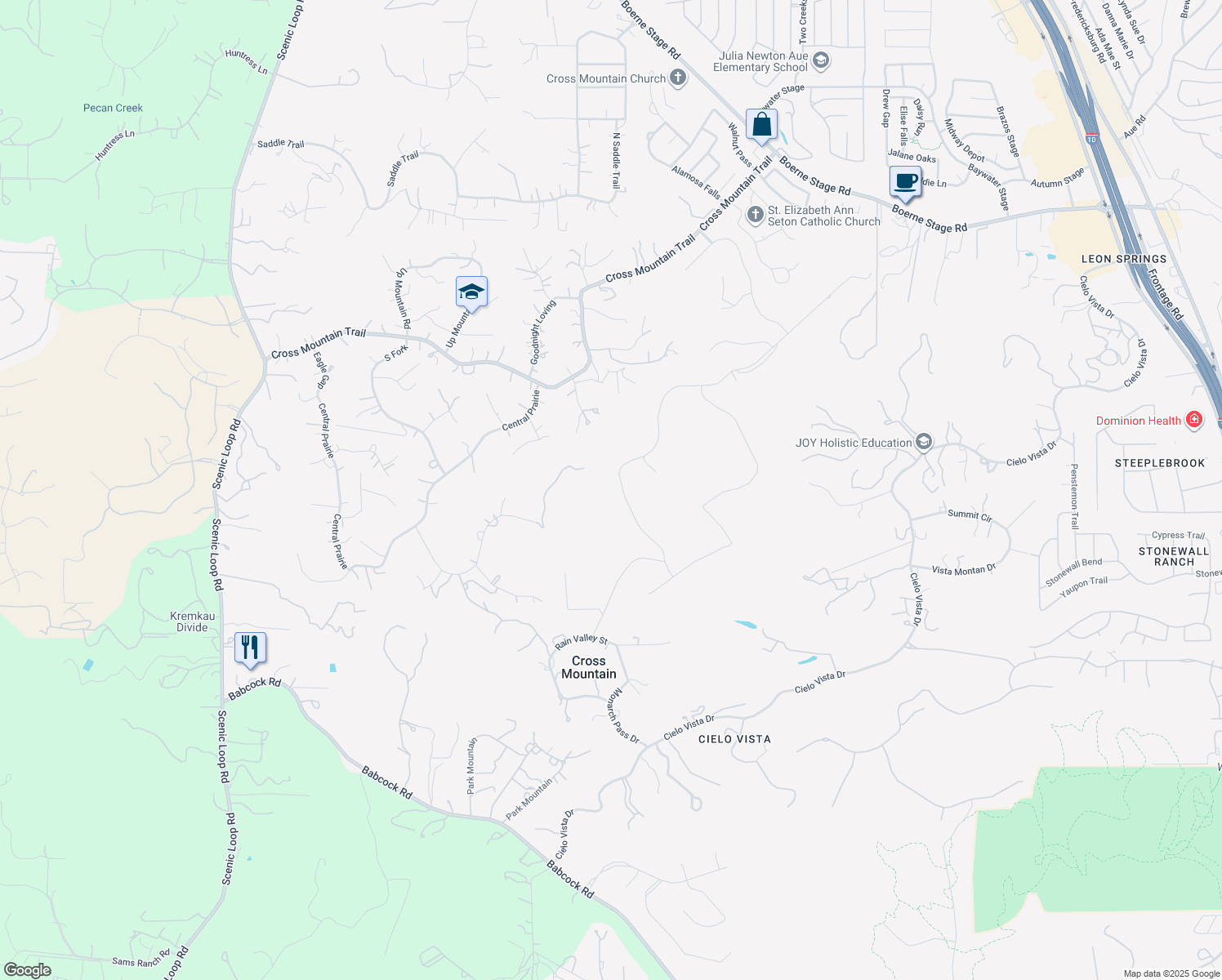 map of restaurants, bars, coffee shops, grocery stores, and more near San Fidel Way in San Antonio