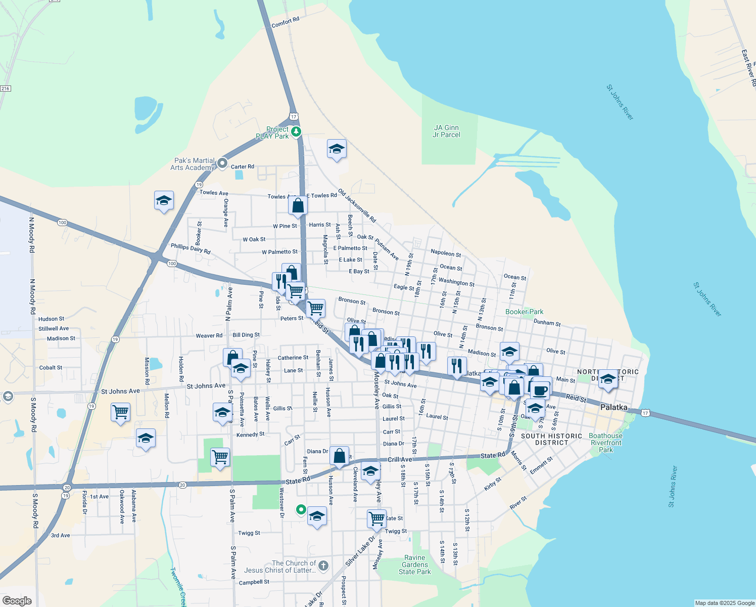 map of restaurants, bars, coffee shops, grocery stores, and more near 601 North 21st Street in Palatka