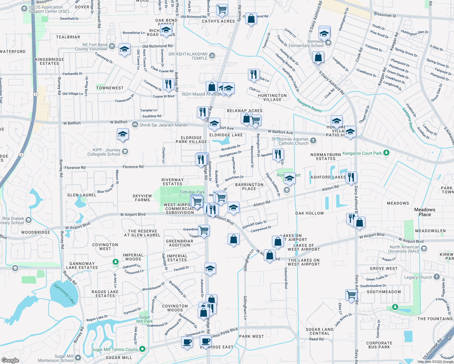 map of restaurants, bars, coffee shops, grocery stores, and more near 13303 Rosstown Drive in Sugar Land