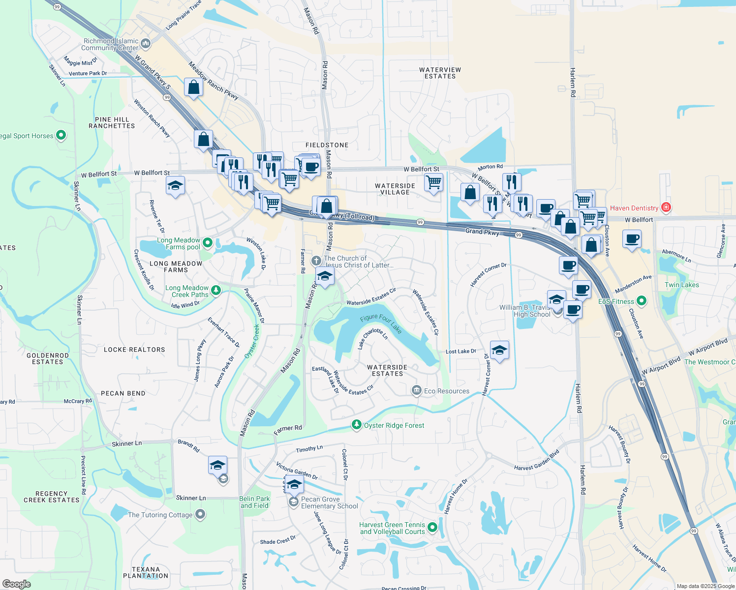 map of restaurants, bars, coffee shops, grocery stores, and more near 4306 Lake Kemp Court in Richmond
