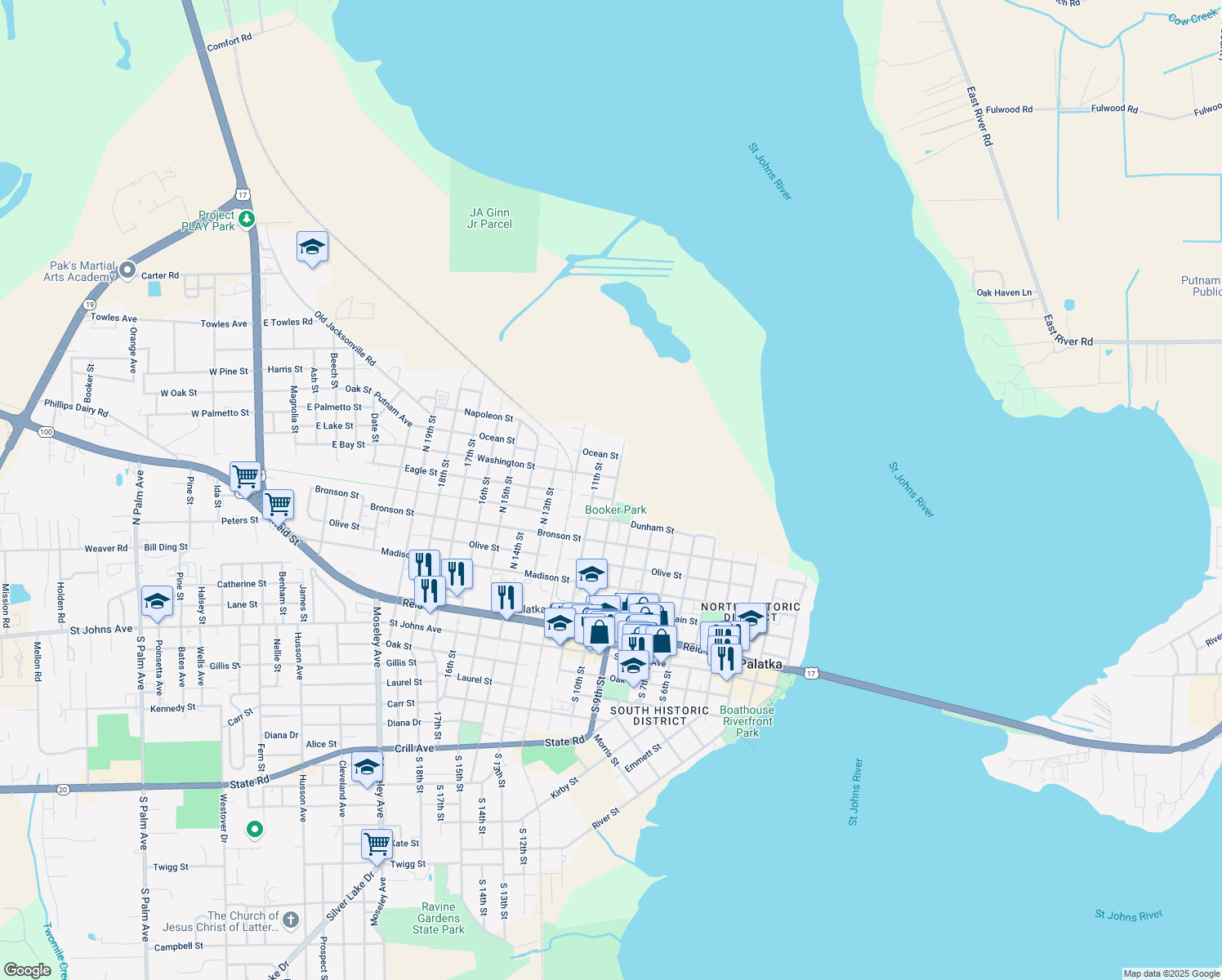 map of restaurants, bars, coffee shops, grocery stores, and more near 812 North 10th Street in Palatka