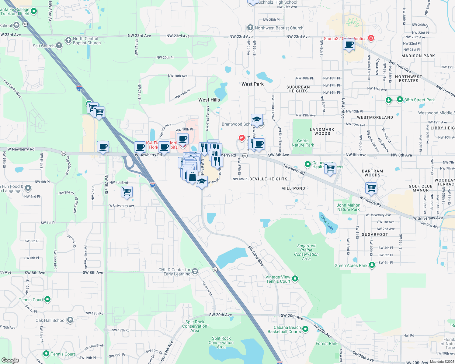 map of restaurants, bars, coffee shops, grocery stores, and more near 5815 Northwest 4 Place in Gainesville