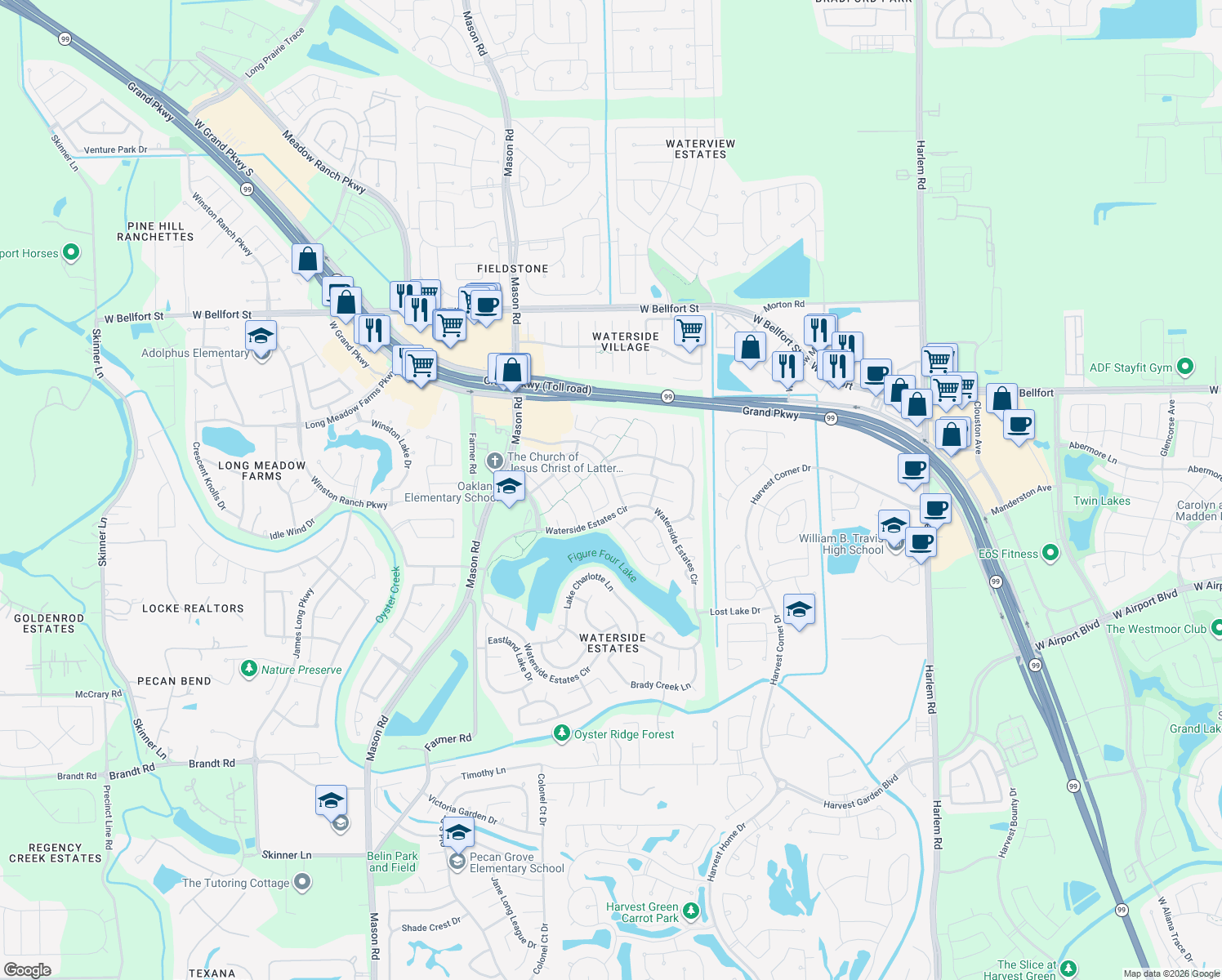 map of restaurants, bars, coffee shops, grocery stores, and more near 4326 Millers Creek Court in Richmond