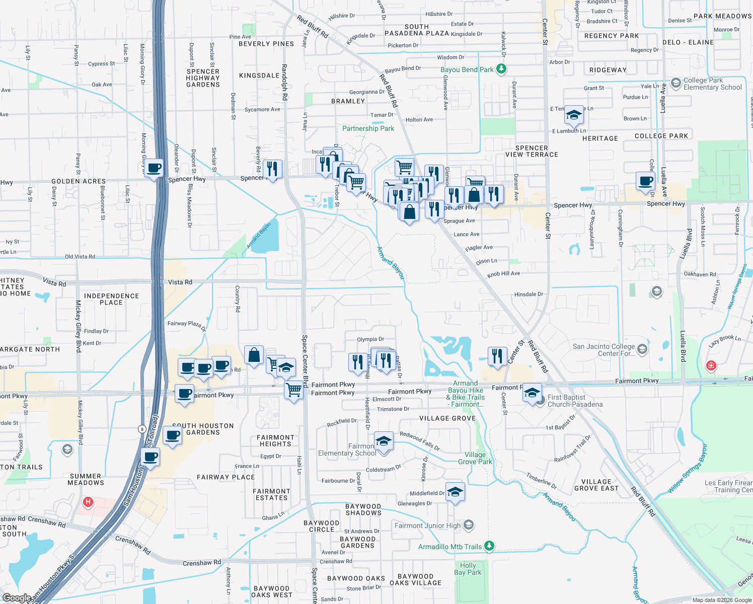 map of restaurants, bars, coffee shops, grocery stores, and more near 6607 Ray Road in Pasadena