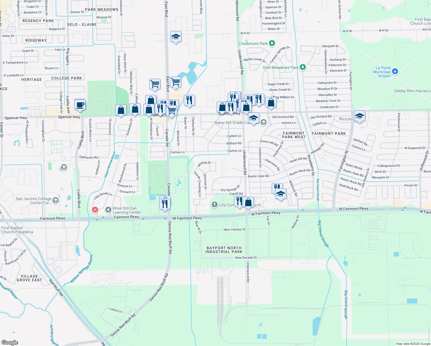 map of restaurants, bars, coffee shops, grocery stores, and more near 9305 Sioux Dr in La Porte